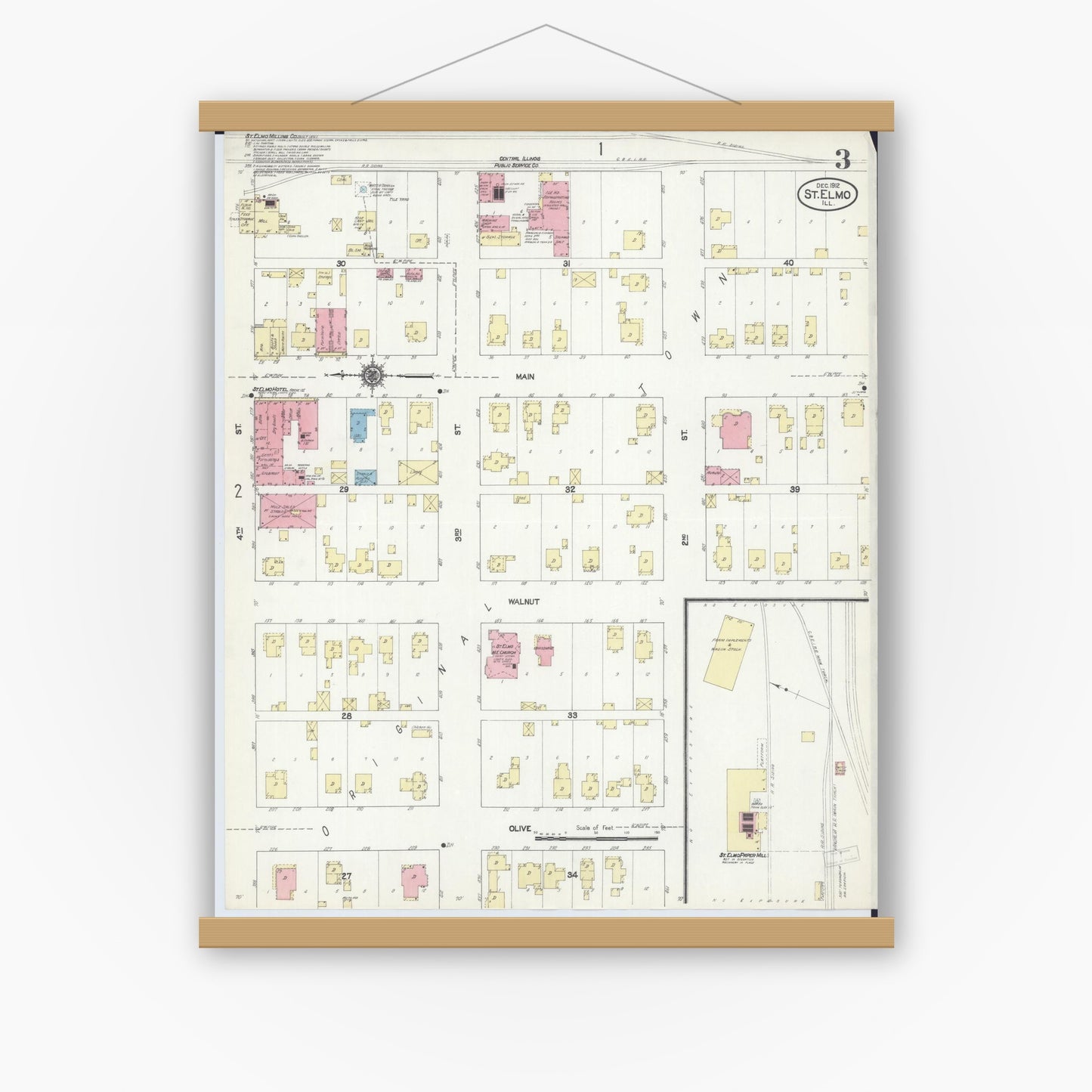 Old map wall art mockup — magnetic wood frame on white wall — Sanborn Fire Insurance Map from Saint Elmo, Fayette County, Illinois (1912), Sheet #0003