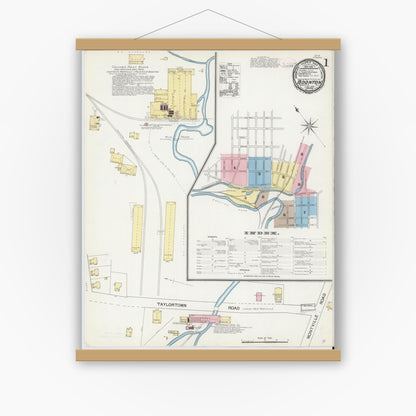 Old map wall art mockup — magnetic wood frame on white wall — Sanborn Fire Insurance Map from Boonton, Morris County, New Jersey (1892), Sheet #0001