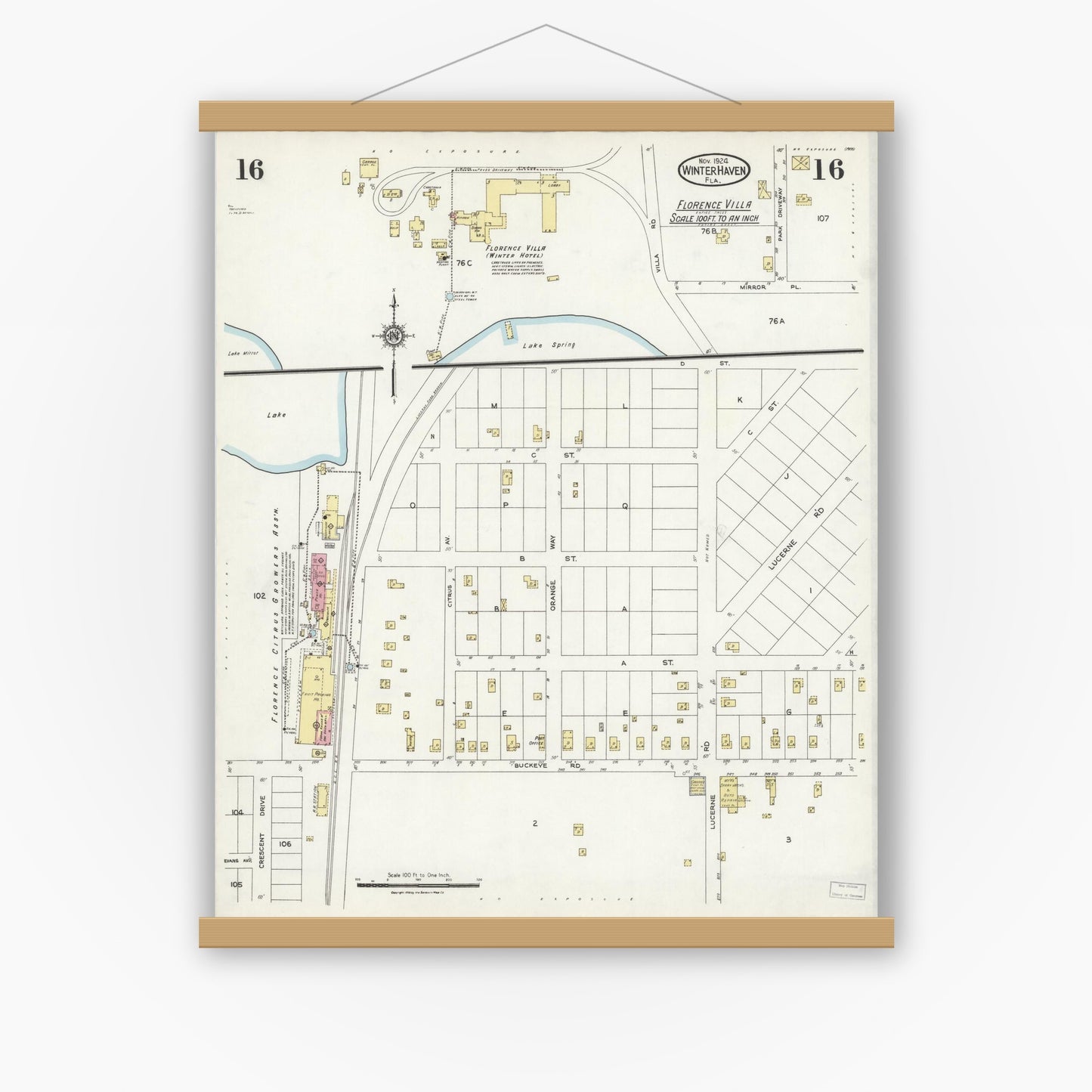 Old map wall art mockup — magnetic wood frame on white wall — Sanborn Fire Insurance Map from Winter Haven, Polk County, Florida (1924), Sheet #0016