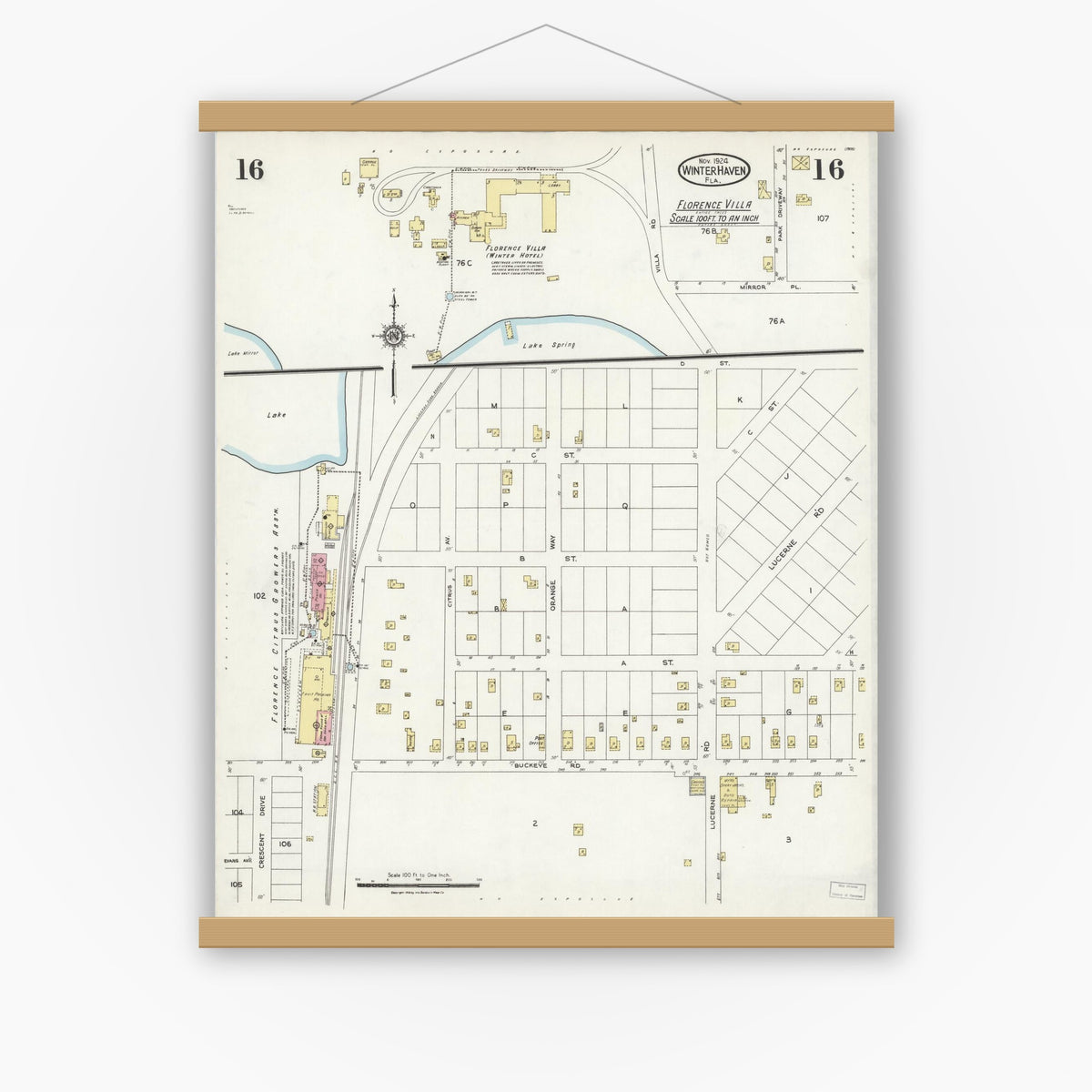 Old map wall art mockup — magnetic wood frame on white wall — Sanborn Fire Insurance Map from Winter Haven, Polk County, Florida (1924), Sheet #0016