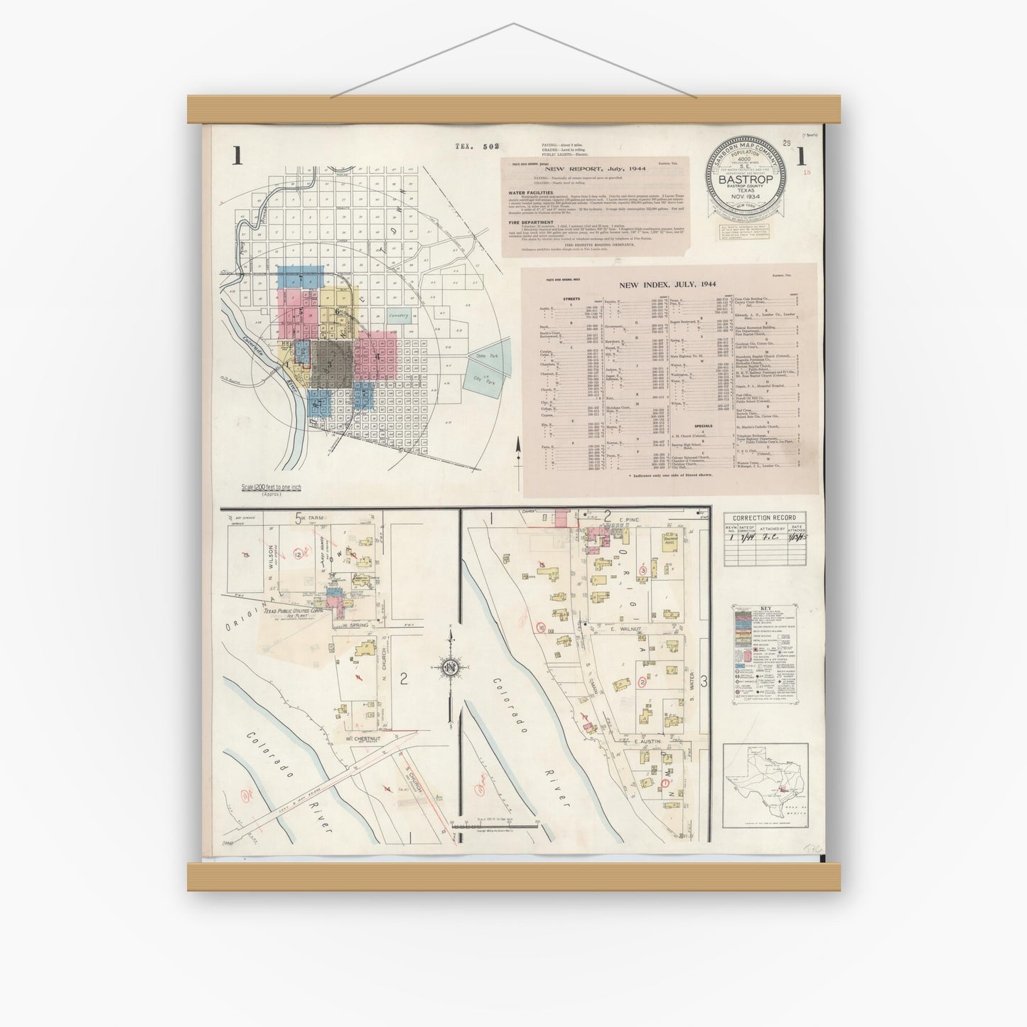 Old map wall art mockup — magnetic wood frame on white wall — Sanborn Fire Insurance Map from Bastrop, Bastrop County, Texas (1944) - Complete Map Set