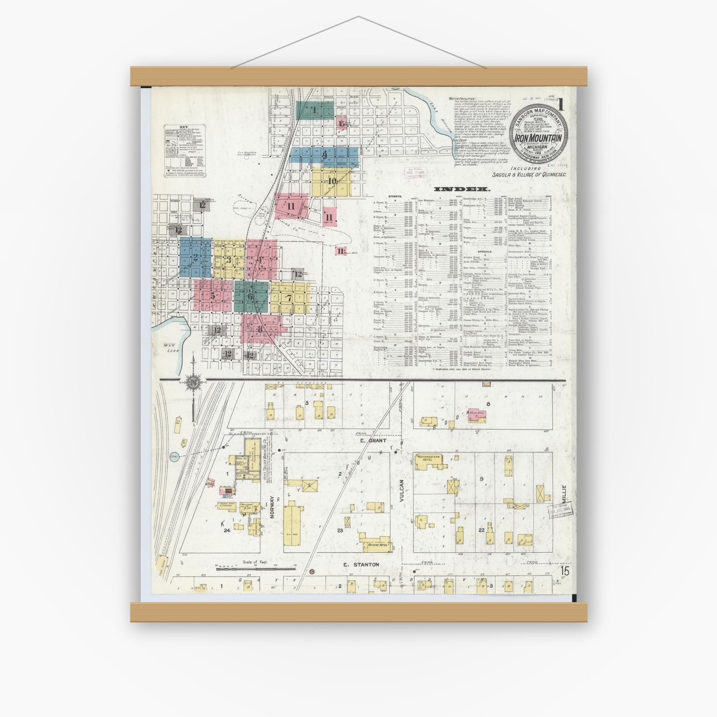 Old map wall art mockup — magnetic wood frame on white wall — Sanborn Fire Insurance Map from Iron Mountain, Dickinson County, Michigan (1911) - Complete Map Set