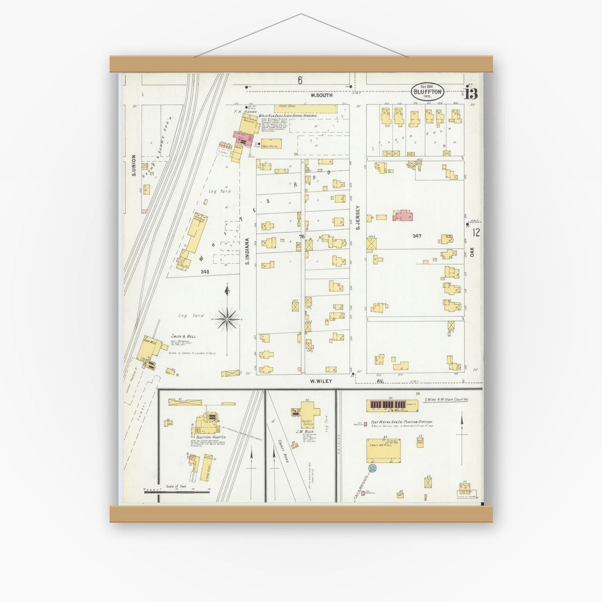 Old map wall art mockup — magnetic wood frame on white wall — Sanborn Fire Insurance Map from Bluffton, Wells County, Indiana (1900), Sheet #0013