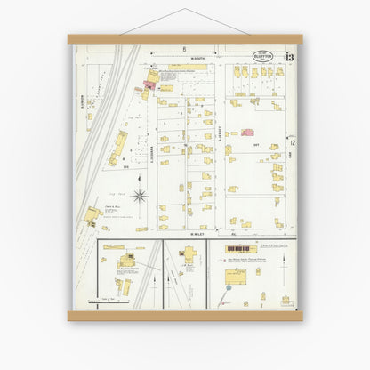 Old map wall art mockup — magnetic wood frame on white wall — Sanborn Fire Insurance Map from Bluffton, Wells County, Indiana (1900), Sheet #0013