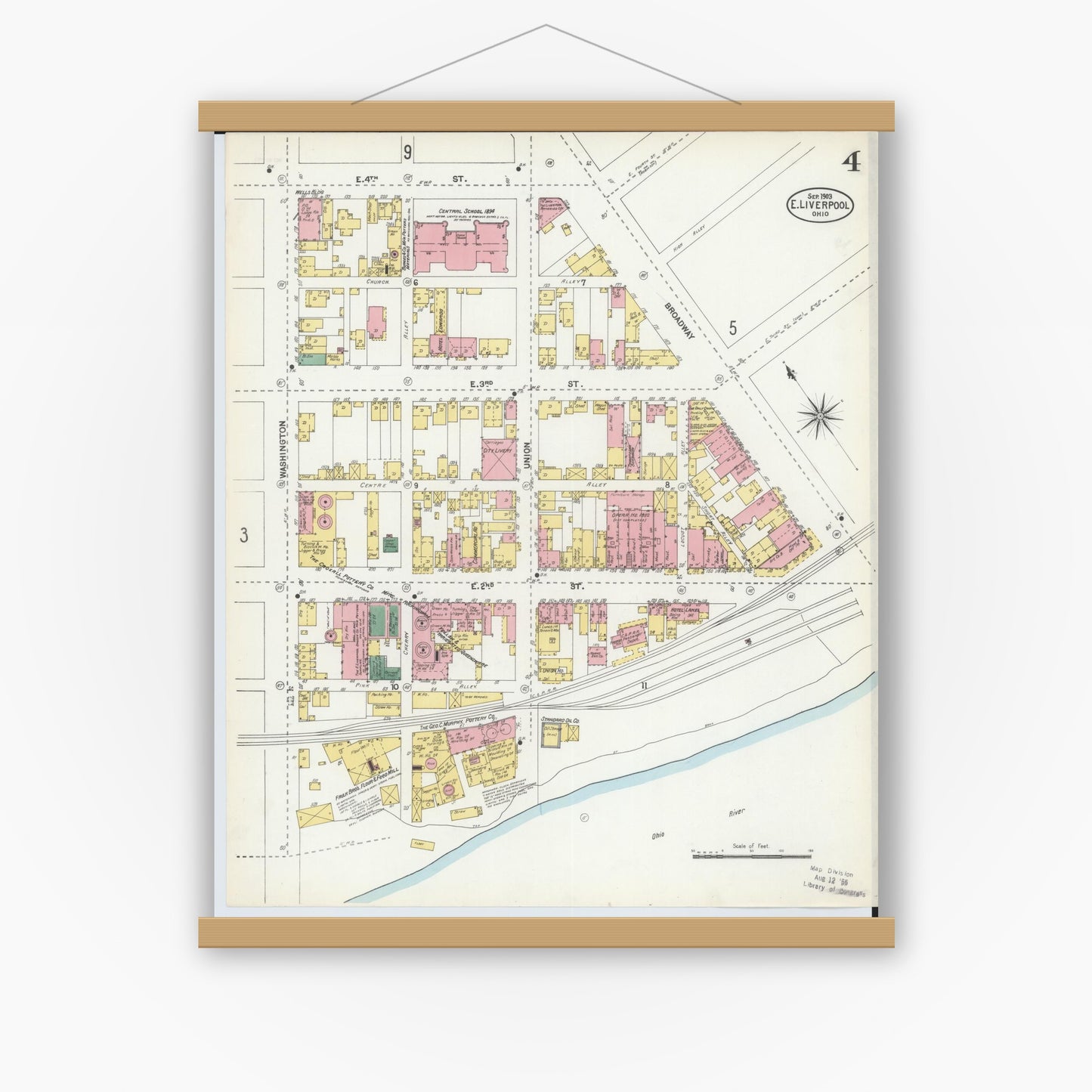Old map wall art mockup — magnetic wood frame on white wall — Sanborn Fire Insurance Map from East Liverpool, Columbiana County, Ohio (1903), Sheet #0004