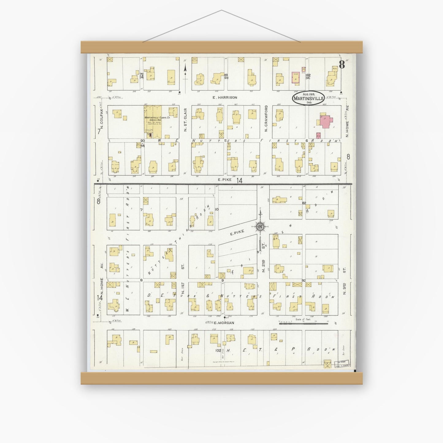 Old map wall art mockup — magnetic wood frame on white wall — Sanborn Fire Insurance Map from Martinsville, Morgan County, Indiana (1916), Sheet #0008