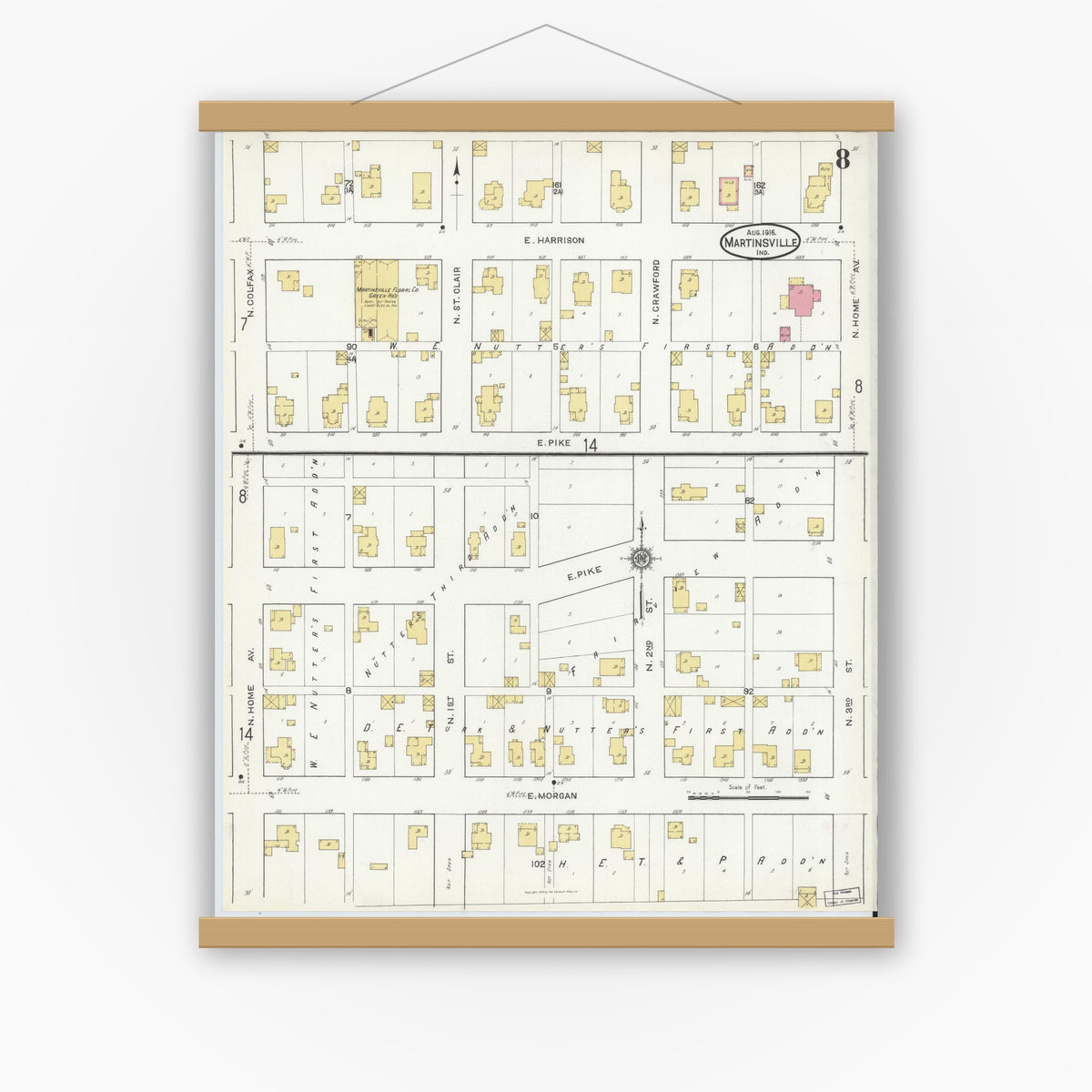 Old map wall art mockup — magnetic wood frame on white wall — Sanborn Fire Insurance Map from Martinsville, Morgan County, Indiana (1916), Sheet #0008