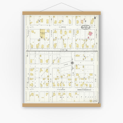Old map wall art mockup — magnetic wood frame on white wall — Sanborn Fire Insurance Map from Martinsville, Morgan County, Indiana (1916), Sheet #0008