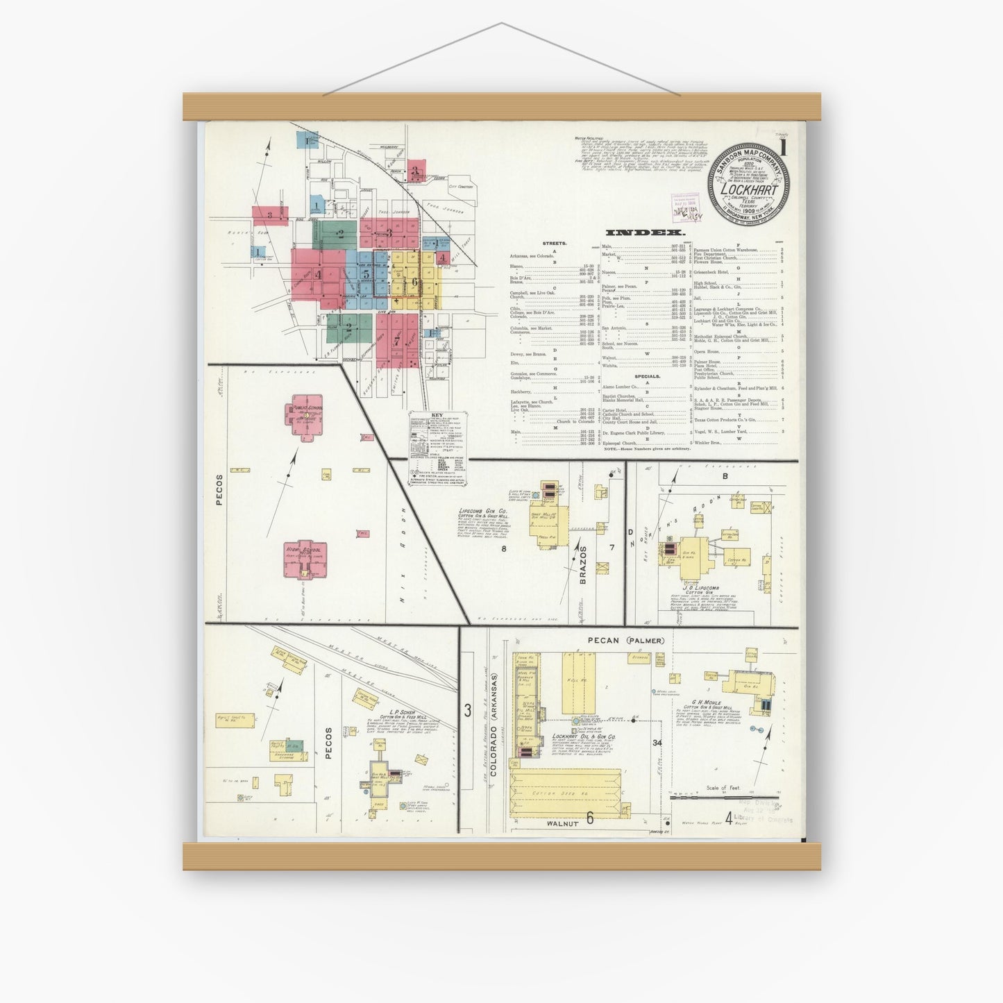 Old map wall art mockup — magnetic wood frame on white wall — Sanborn Fire Insurance Map from Lockhart, Caldwell County, Texas (1909), Sheet #0001