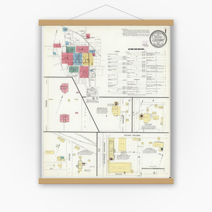 Old map wall art mockup — magnetic wood frame on white wall — Sanborn Fire Insurance Map from Lockhart, Caldwell County, Texas (1909), Sheet #0001