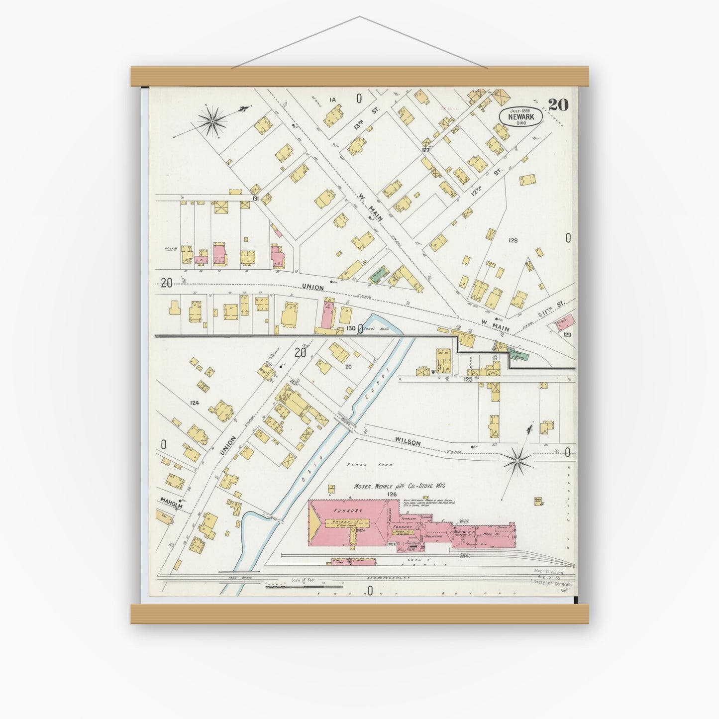 Old map wall art mockup — magnetic wood frame on white wall — Sanborn Fire Insurance Map from Newark, Licking County, Ohio (1899), Sheet #0020