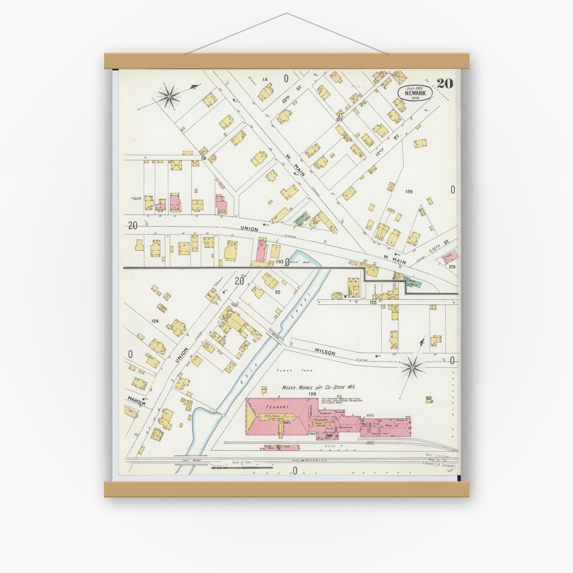 Old map wall art mockup — magnetic wood frame on white wall — Sanborn Fire Insurance Map from Newark, Licking County, Ohio (1899), Sheet #0020