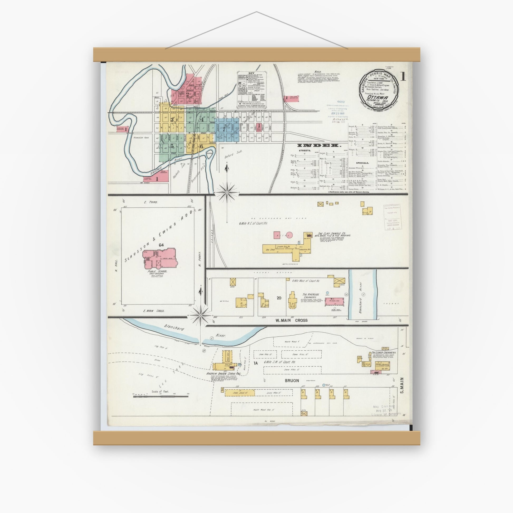 Old map wall art mockup — magnetic wood frame on white wall — Sanborn Fire Insurance Map from Ottawa, Putnam County, Ohio (1900), Sheet #0001