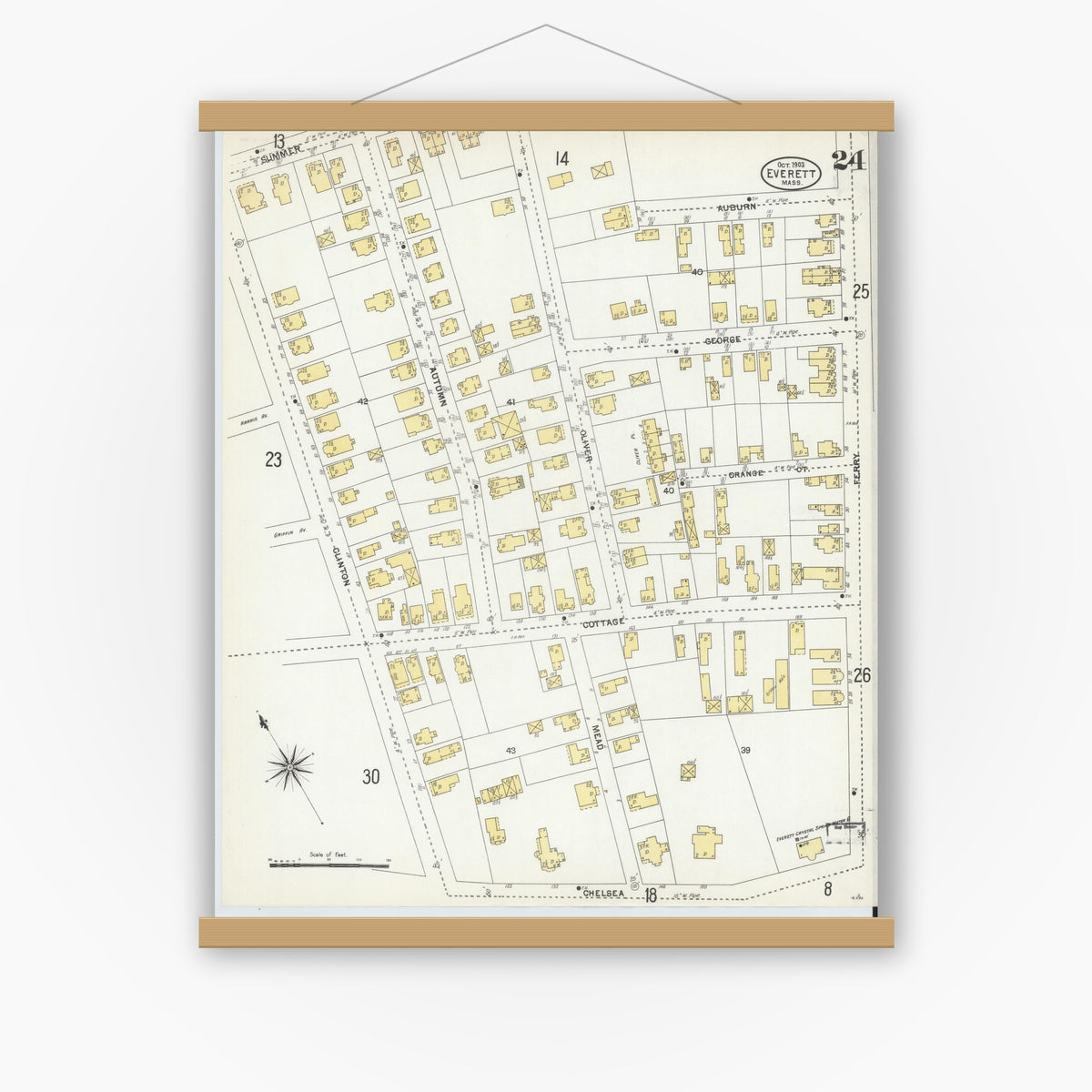 Old map wall art mockup — magnetic wood frame on white wall — Sanborn Fire Insurance Map from Everett, Middlesex County, Massachusetts (1903), Sheet #0024