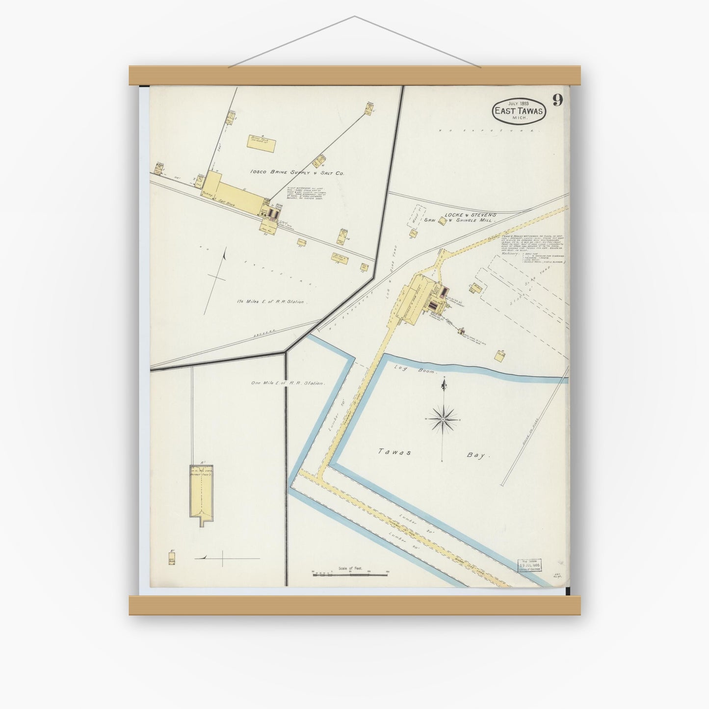 Old map wall art mockup — magnetic wood frame on white wall — Sanborn Fire Insurance Map from East Tawas, Iosco County, Michigan (1893), Sheet #0009