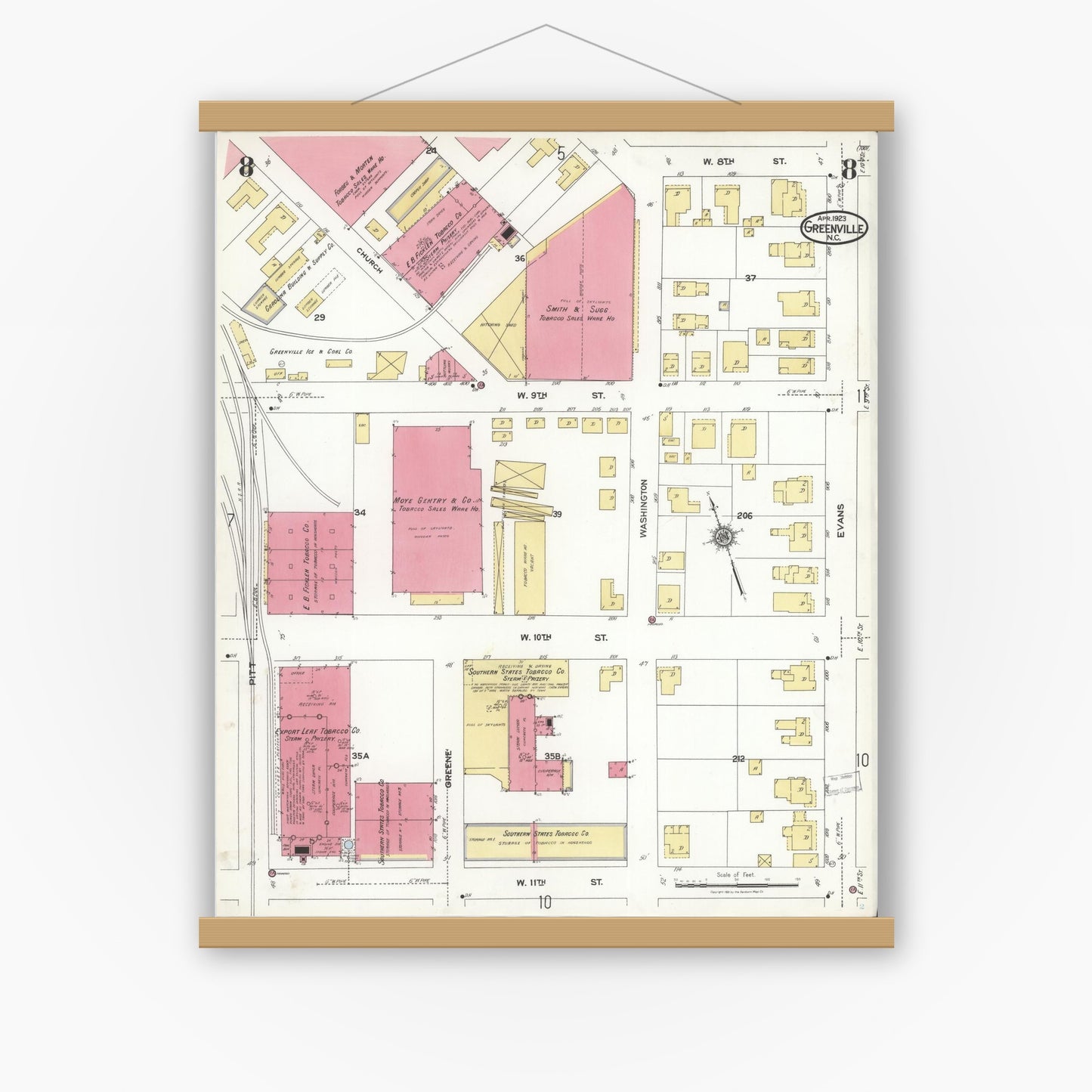 Old map wall art mockup — magnetic wood frame on white wall — Sanborn Fire Insurance Map from Greenville, Pitt County, North Carolina (1923), Sheet #0008