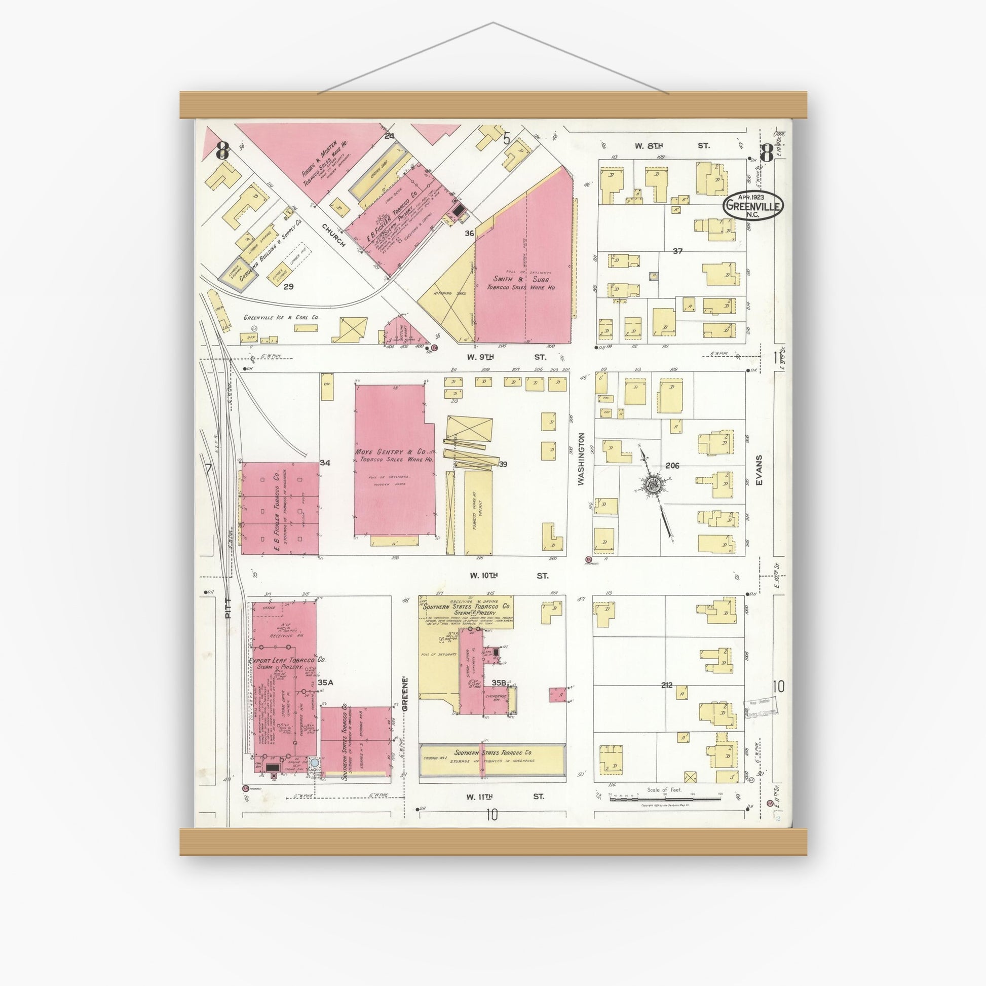 Old map wall art mockup — magnetic wood frame on white wall — Sanborn Fire Insurance Map from Greenville, Pitt County, North Carolina (1923), Sheet #0008
