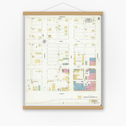 Old map wall art mockup — magnetic wood frame on white wall — Sanborn Fire Insurance Map from Merkel, Taylor County, Texas (1908), Sheet #0002