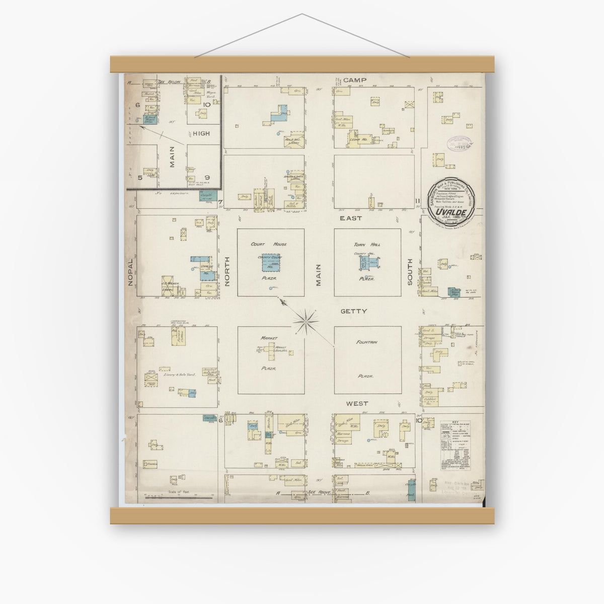 Old map wall art mockup — magnetic wood frame on white wall — Sanborn Fire Insurance Map from Uvalde, Uvalde County, Texas (1885), Sheet #0001