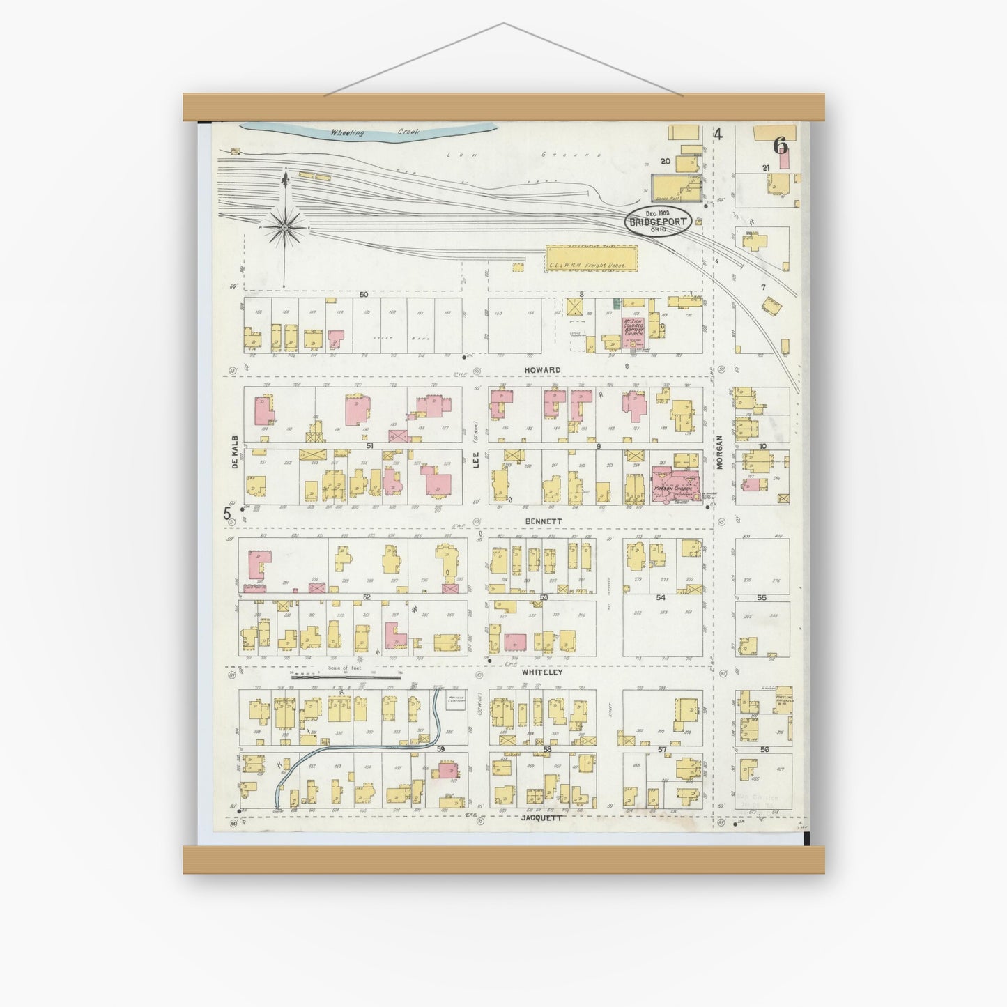 Old map wall art mockup — magnetic wood frame on white wall — Sanborn Fire Insurance Map from Bridgeport, Belmont County, Ohio (1903), Sheet #0006
