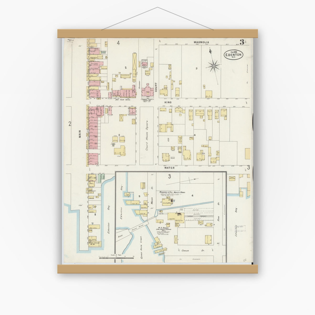 Old map wall art mockup — magnetic wood frame on white wall — Sanborn Fire Insurance Map from Edenton, Chowan County, North Carolina (1898), Sheet #0003