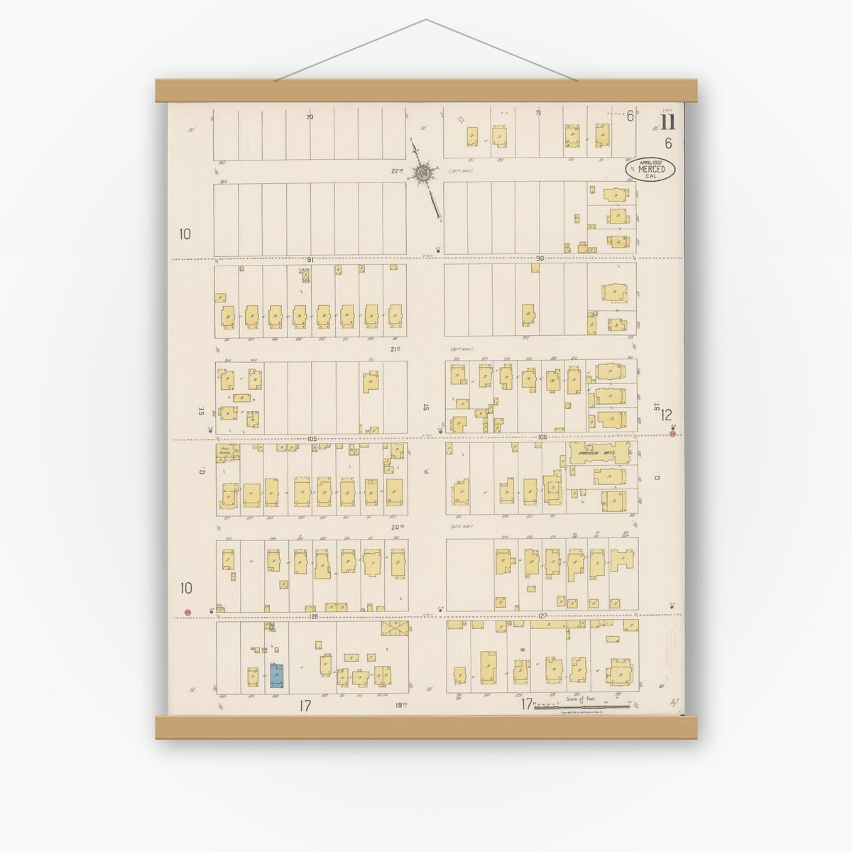 Old map wall art mockup — magnetic wood frame on white wall — Sanborn Fire Insurance Map from Merced, Merced County, California (1922), Sheet #0011