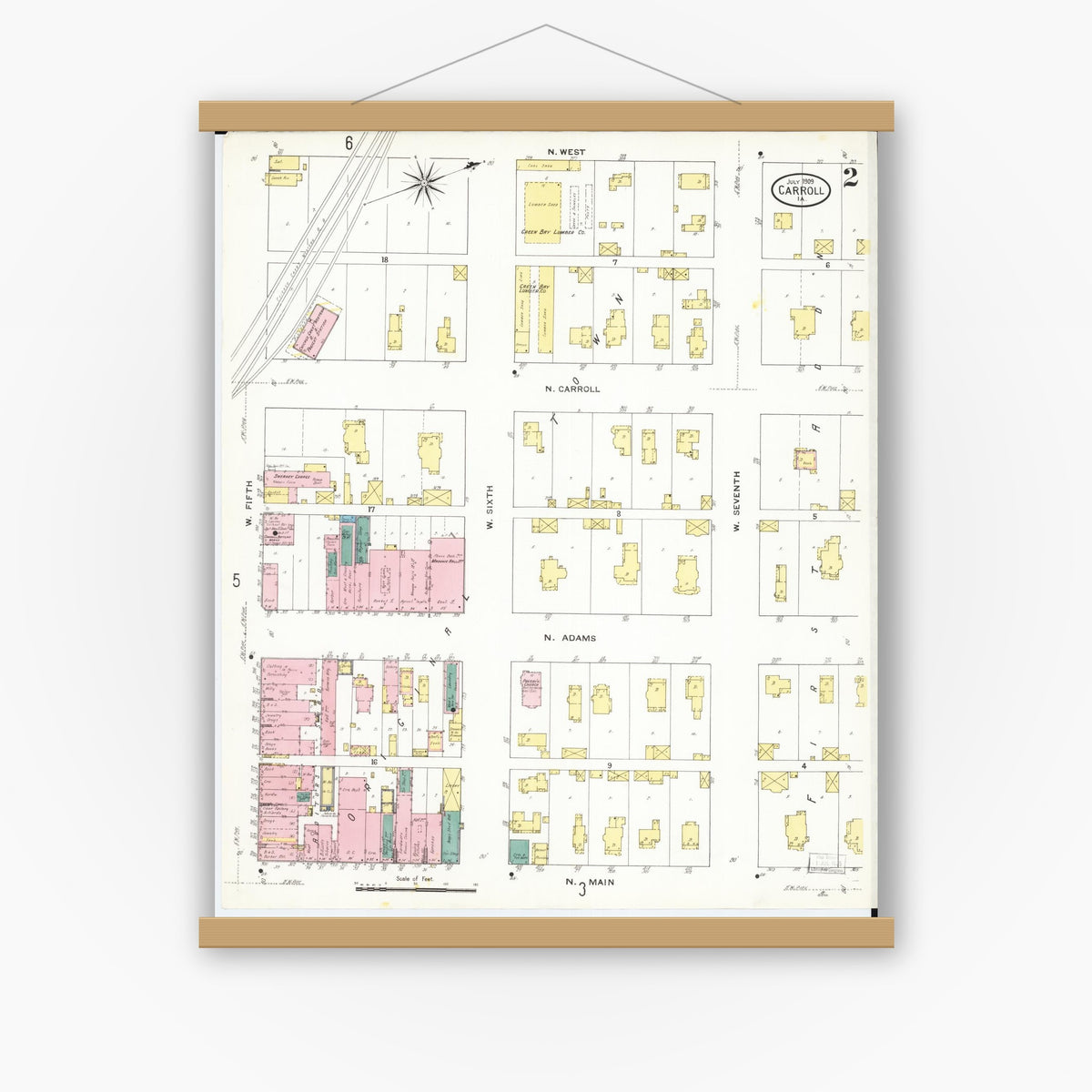 Old map wall art mockup — magnetic wood frame on white wall — Sanborn Fire Insurance Map from Carroll, Carroll County, Iowa (1909), Sheet #0002