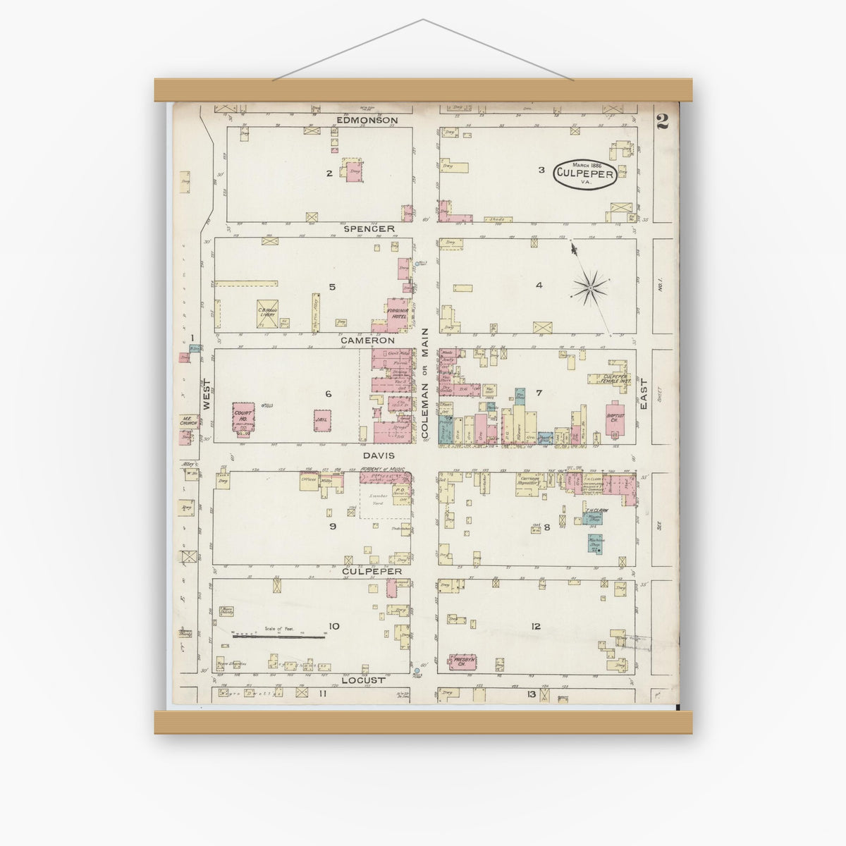 Old map wall art mockup — magnetic wood frame on white wall — Sanborn Fire Insurance Map from Culpeper, Culpeper County, Virginia (1886), Sheet #0002