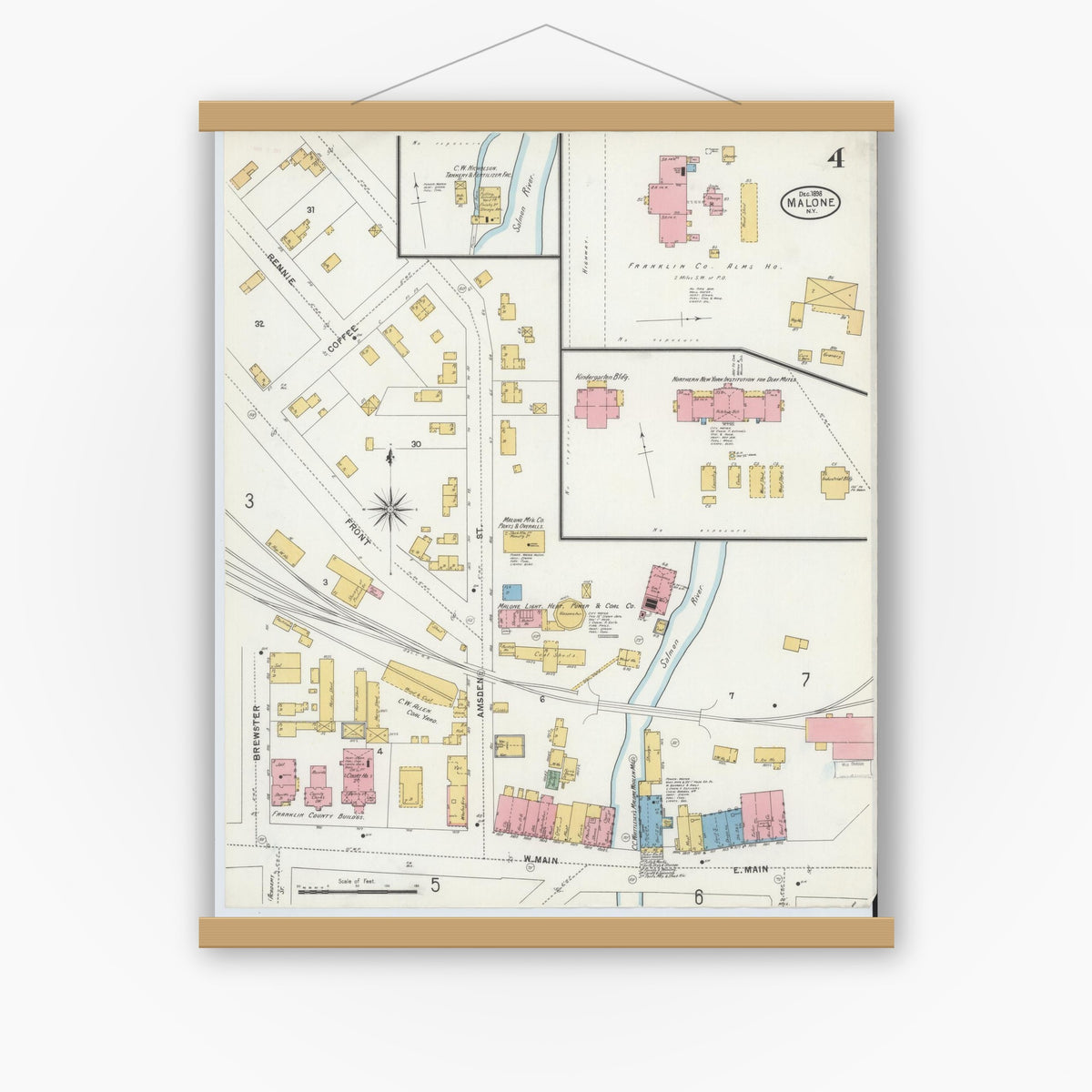 Old map wall art mockup — magnetic wood frame on white wall — Sanborn Fire Insurance Map from Malone, Franklin County, New York (1898), Sheet #0004