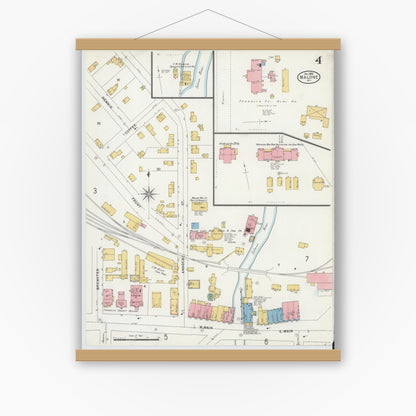 Old map wall art mockup — magnetic wood frame on white wall — Sanborn Fire Insurance Map from Malone, Franklin County, New York (1898), Sheet #0004