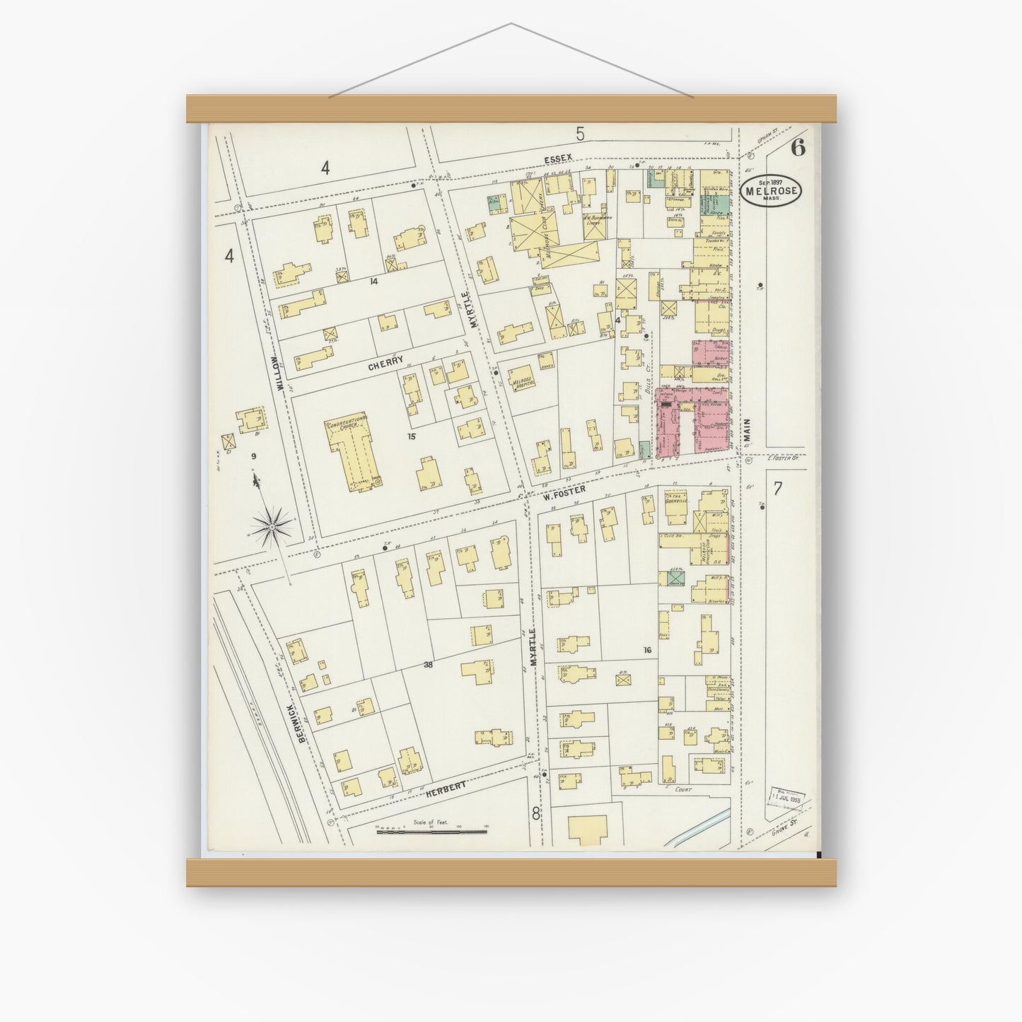 Old map wall art mockup — magnetic wood frame on white wall — Sanborn Fire Insurance Map from Melrose, Middlesex County, Massachusetts (1897), Sheet #0006