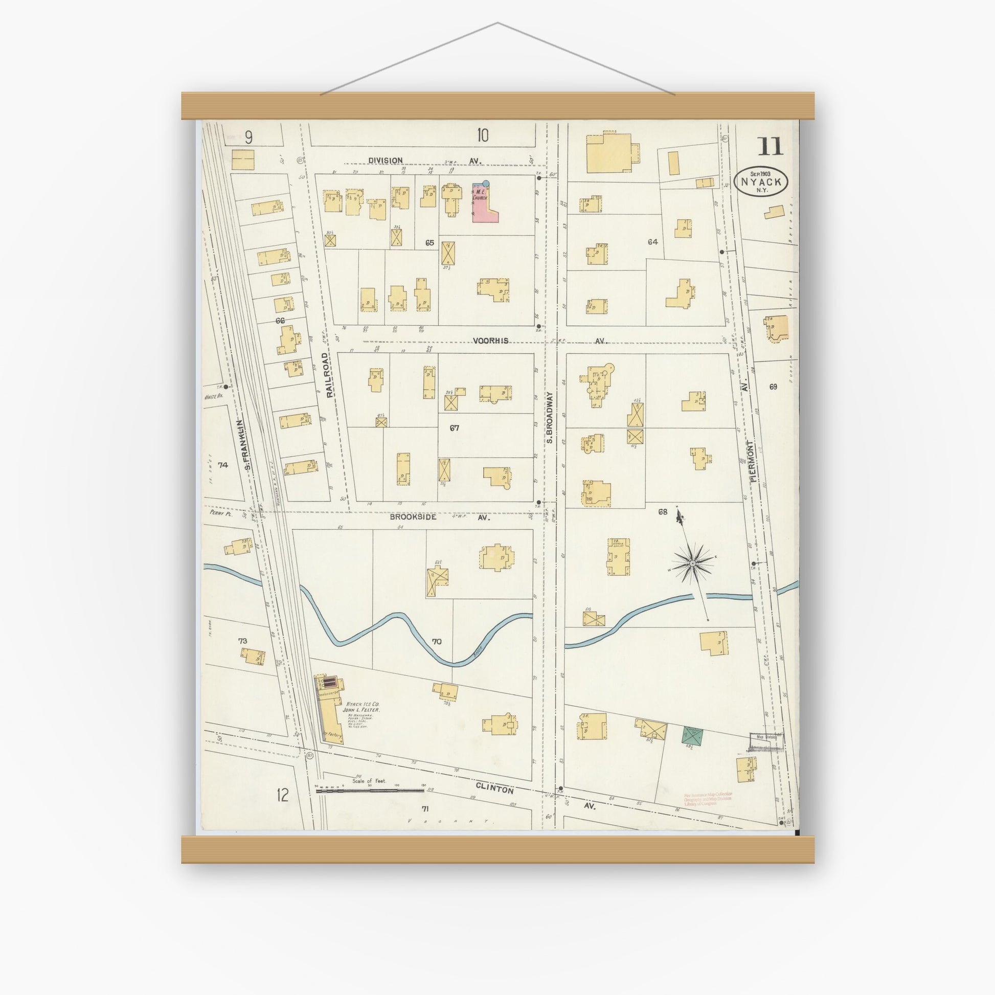Old map wall art mockup — magnetic wood frame on white wall — Sanborn Fire Insurance Map from Nyack, Rockland County, New York. (1903), Sheet #0011