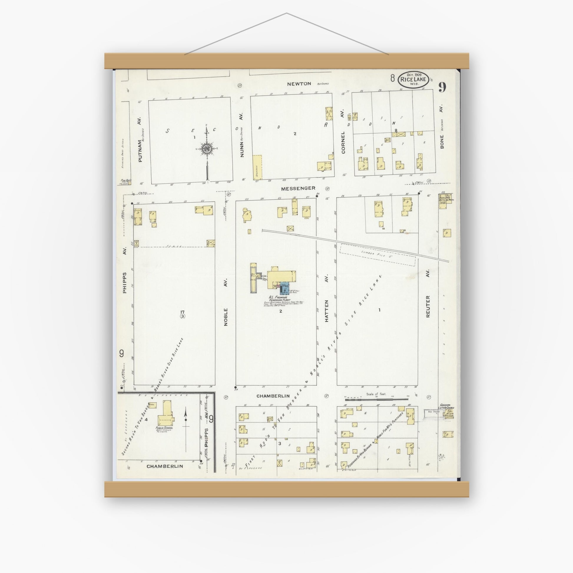 Old map wall art mockup — magnetic wood frame on white wall — Sanborn Fire Insurance Map from Rice Lake, Barron County, Wisconsin (1909), Sheet #0009