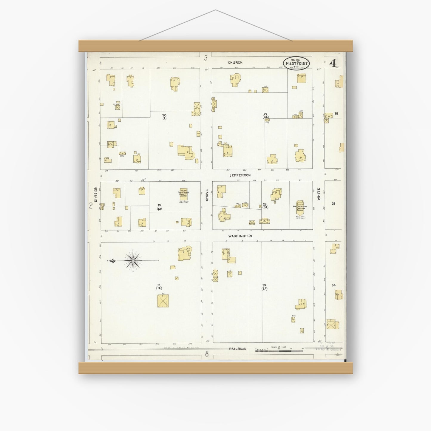 Old map wall art mockup — magnetic wood frame on white wall — Sanborn Fire Insurance Map from Pilot Point, Denton County, Texas (1907), Sheet #0004