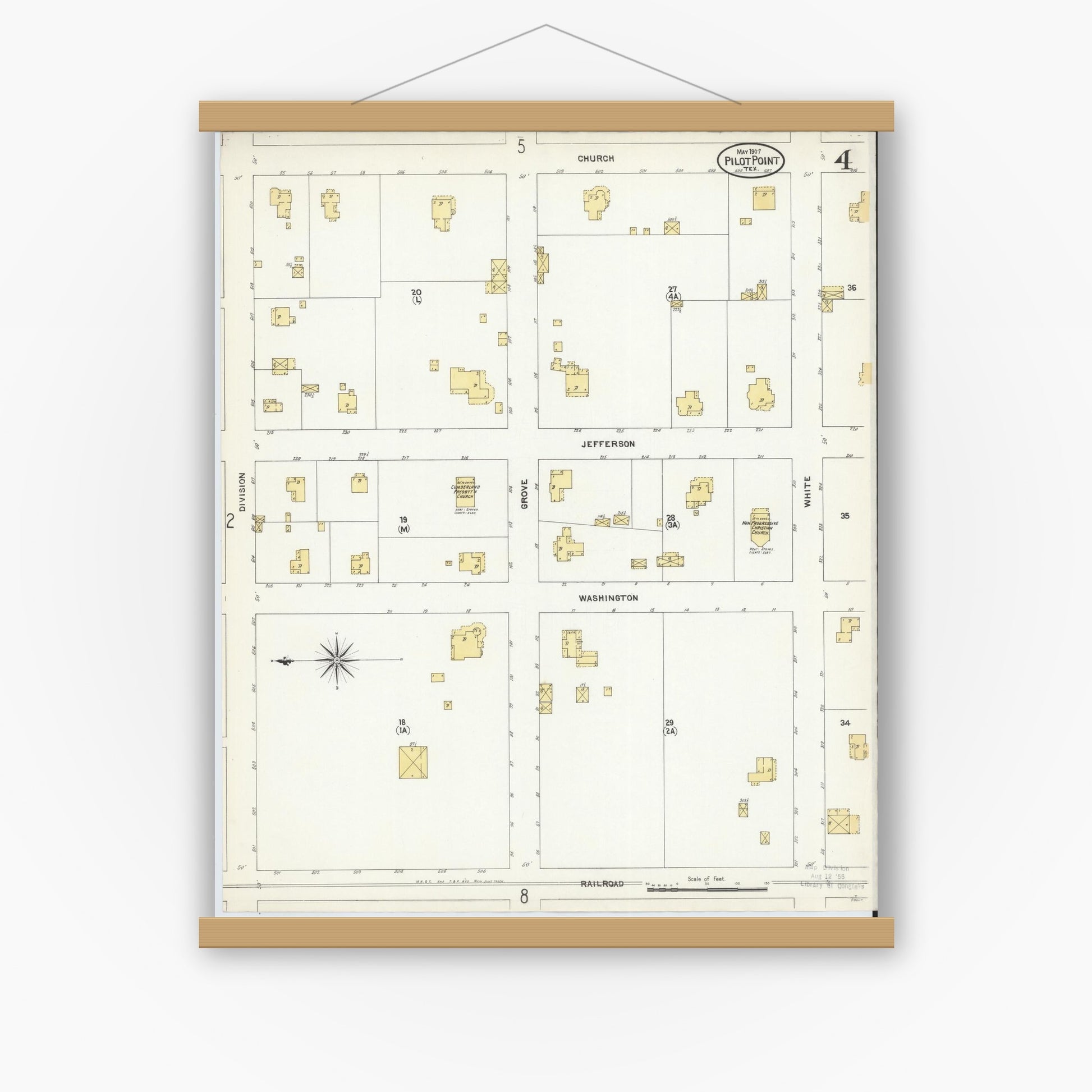Old map wall art mockup — magnetic wood frame on white wall — Sanborn Fire Insurance Map from Pilot Point, Denton County, Texas (1907), Sheet #0004