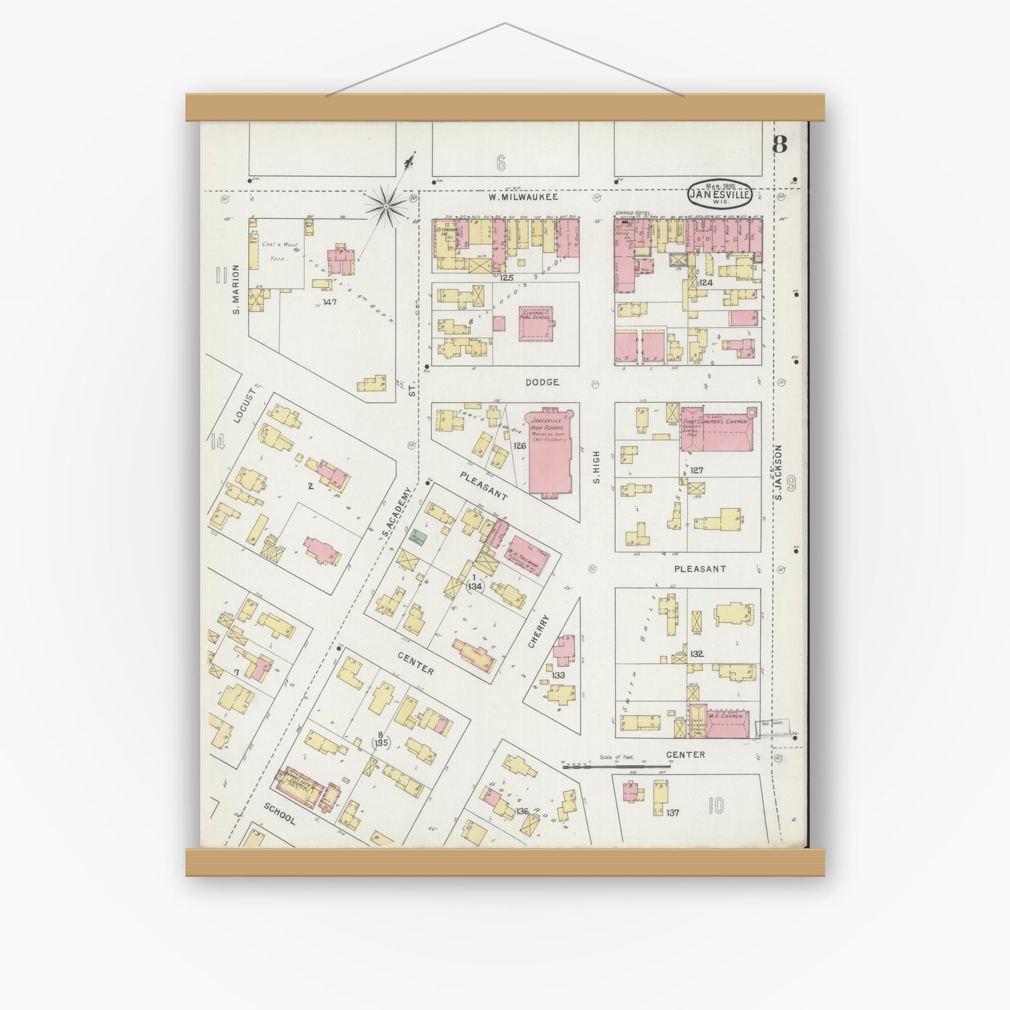 Old map wall art mockup — magnetic wood frame on white wall — Sanborn Fire Insurance Map from Janesville, Rock County, Wisconsin (1895), Sheet #0008