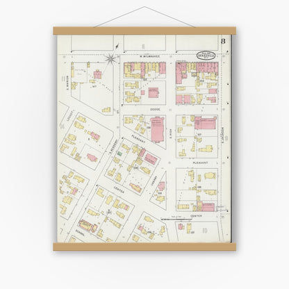 Old map wall art mockup — magnetic wood frame on white wall — Sanborn Fire Insurance Map from Janesville, Rock County, Wisconsin (1895), Sheet #0008