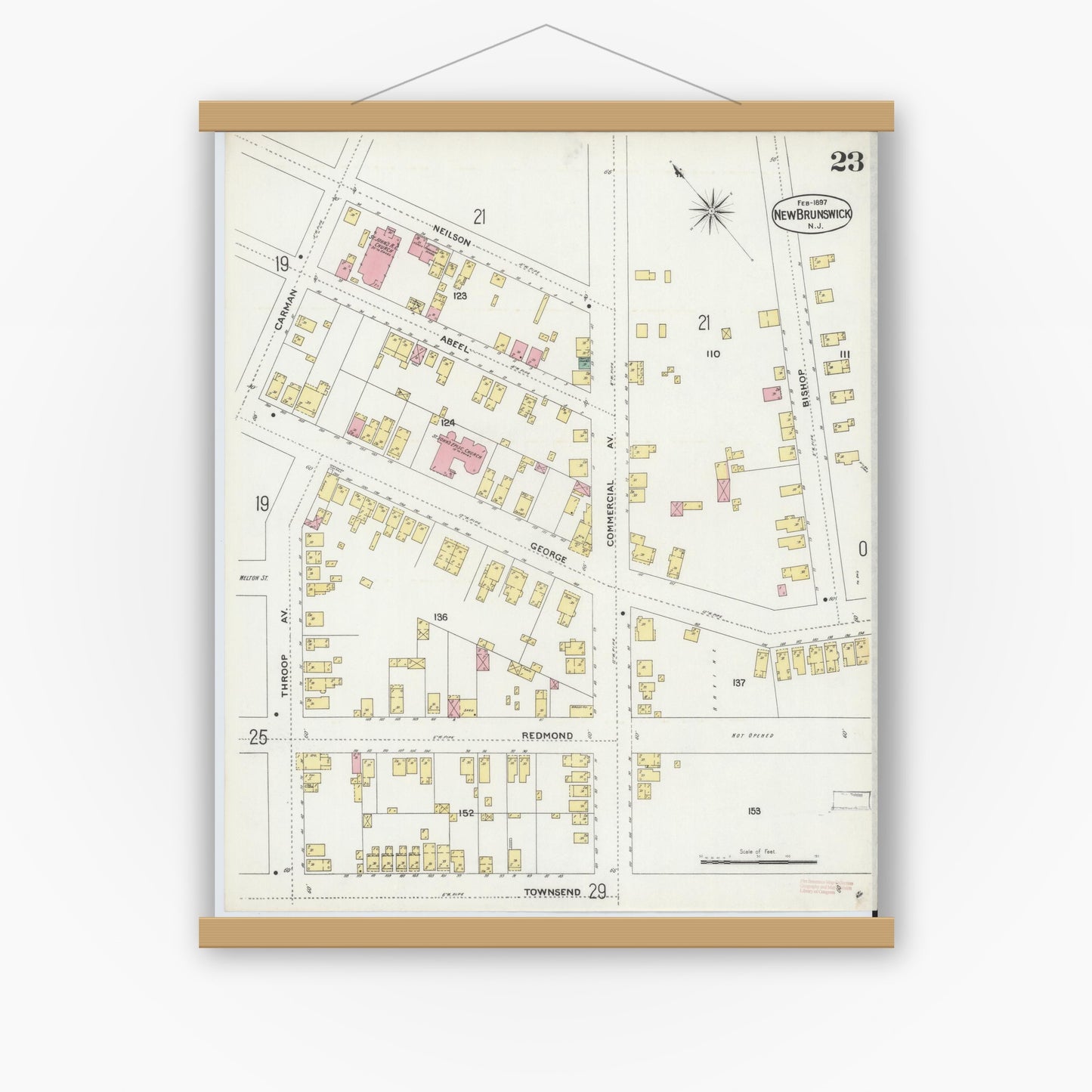 Old map wall art mockup — magnetic wood frame on white wall — Sanborn Fire Insurance Map from New Brunswick, Middlesex County, New Jersey (1897), Sheet #0023