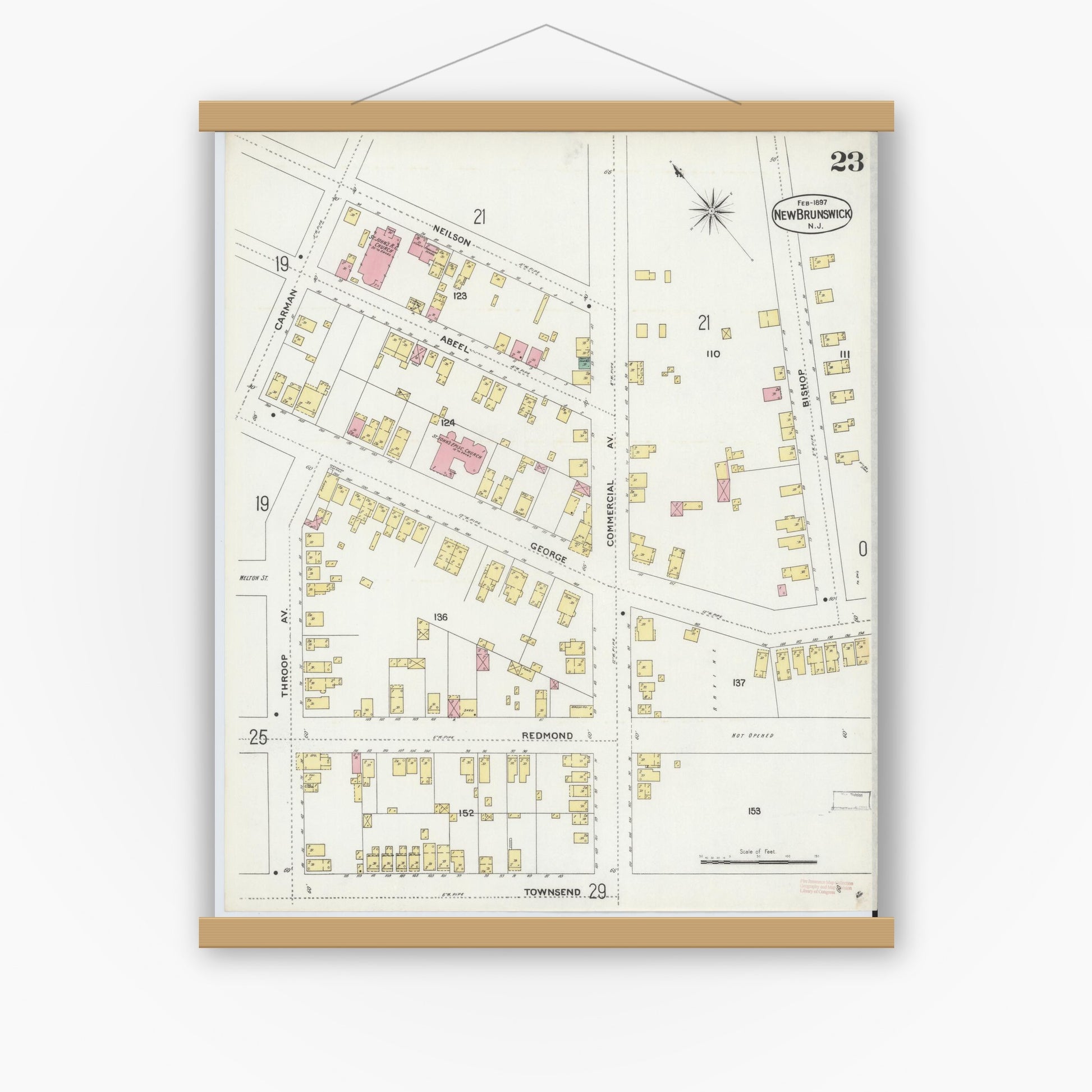 Old map wall art mockup — magnetic wood frame on white wall — Sanborn Fire Insurance Map from New Brunswick, Middlesex County, New Jersey (1897), Sheet #0023