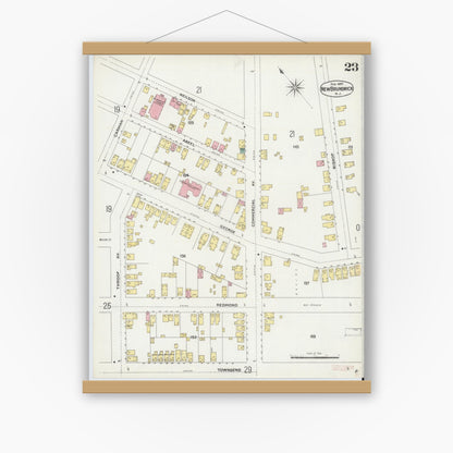 Old map wall art mockup — magnetic wood frame on white wall — Sanborn Fire Insurance Map from New Brunswick, Middlesex County, New Jersey (1897), Sheet #0023