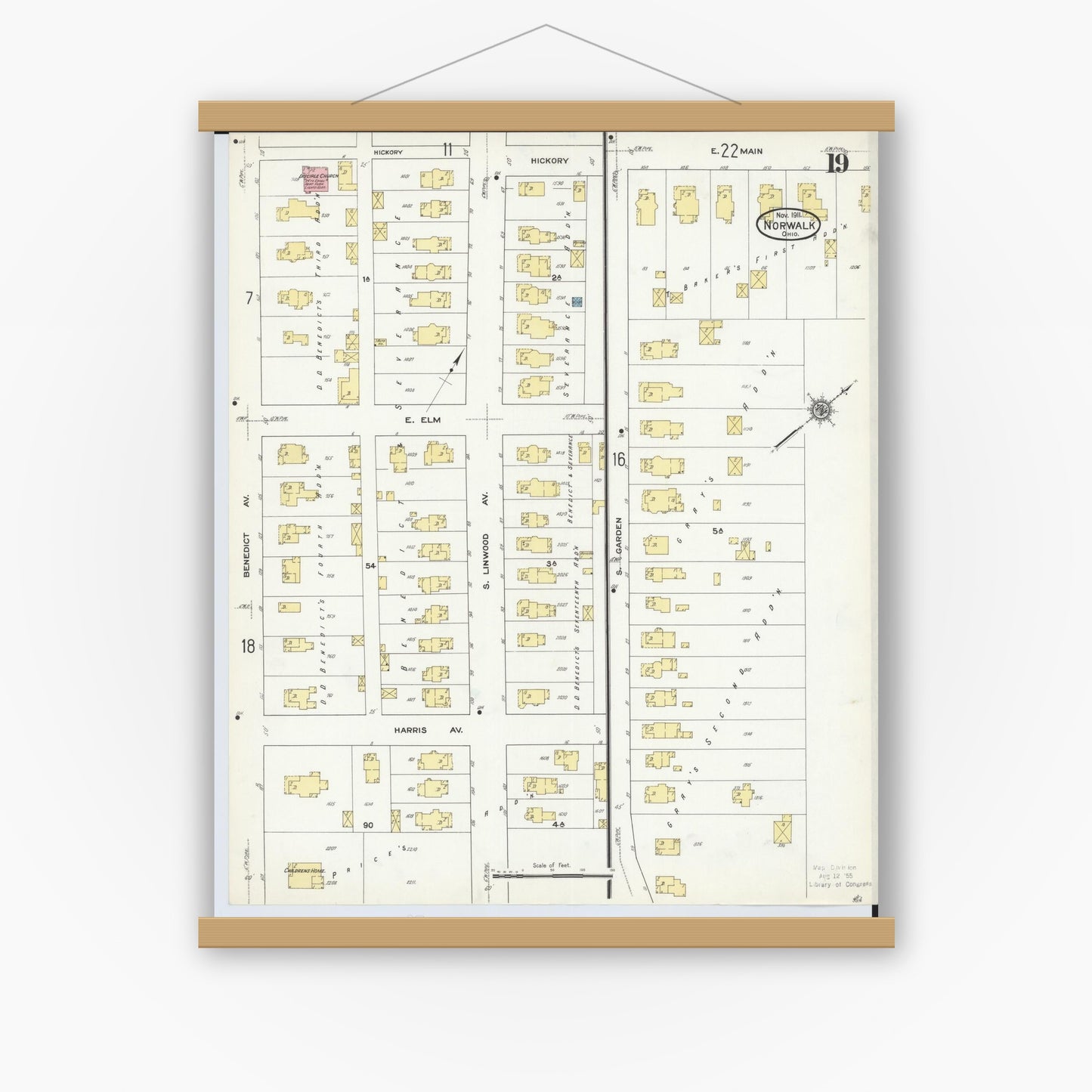 Old map wall art mockup — magnetic wood frame on white wall — Sanborn Fire Insurance Map from Norwalk, Huron County, Ohio (1911), Sheet #0019