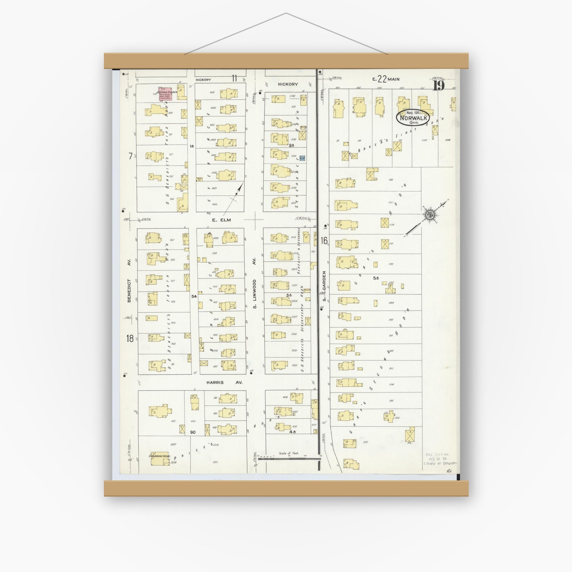 Old map wall art mockup — magnetic wood frame on white wall — Sanborn Fire Insurance Map from Norwalk, Huron County, Ohio (1911), Sheet #0019