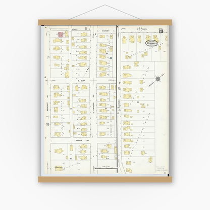 Old map wall art mockup — magnetic wood frame on white wall — Sanborn Fire Insurance Map from Norwalk, Huron County, Ohio (1911), Sheet #0019