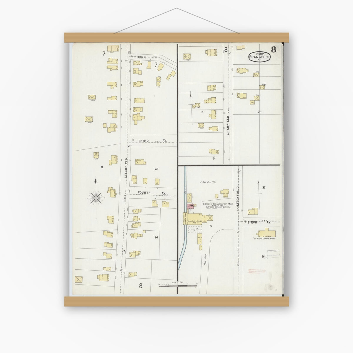 Old map wall art mockup — magnetic wood frame on white wall — Sanborn Fire Insurance Map from Frankfort, Herkimer County, New York (1897), Sheet #0008