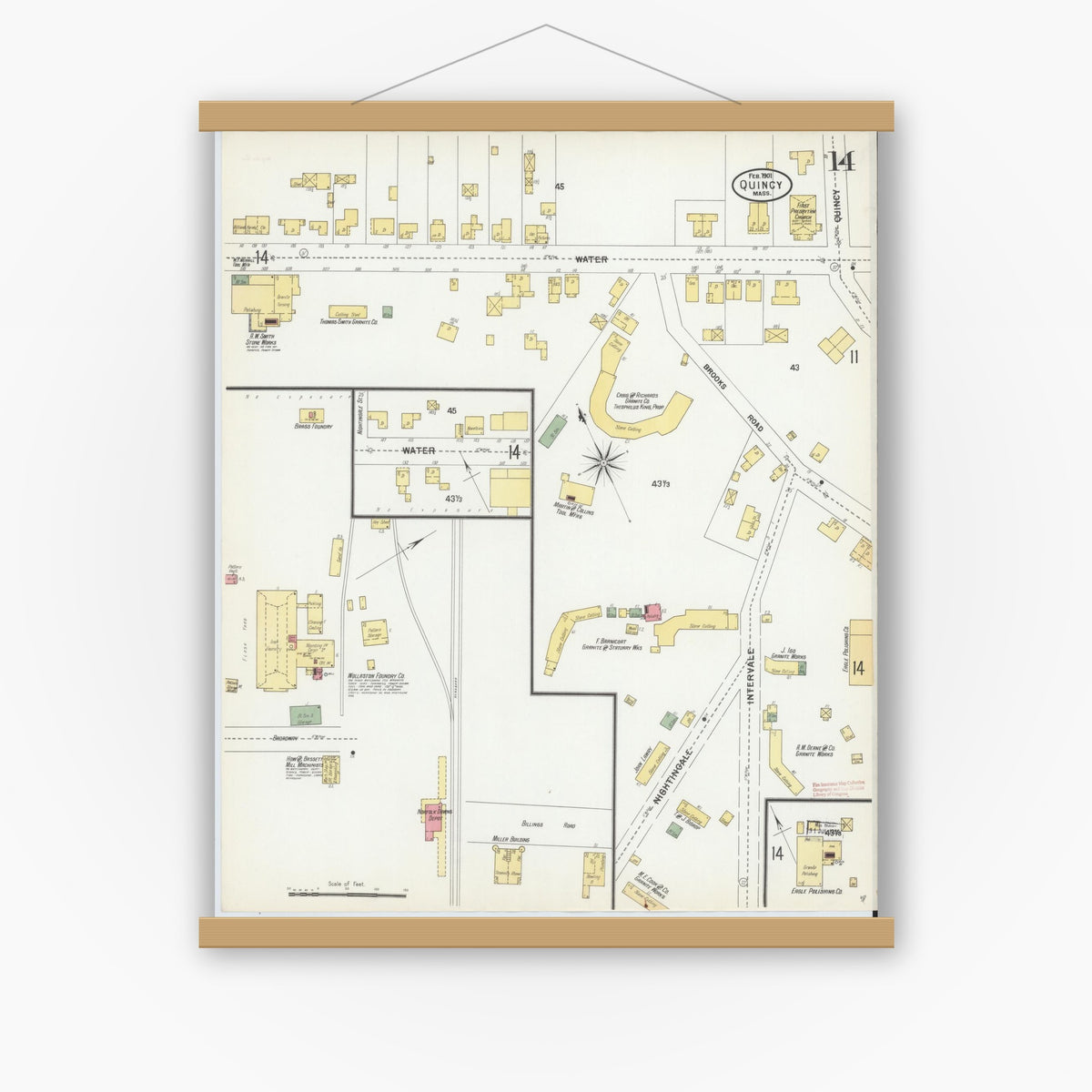 Old map wall art mockup — magnetic wood frame on white wall — Sanborn Fire Insurance Map from Quincy, Norfolk County, Massachusetts (1901), Sheet #0014
