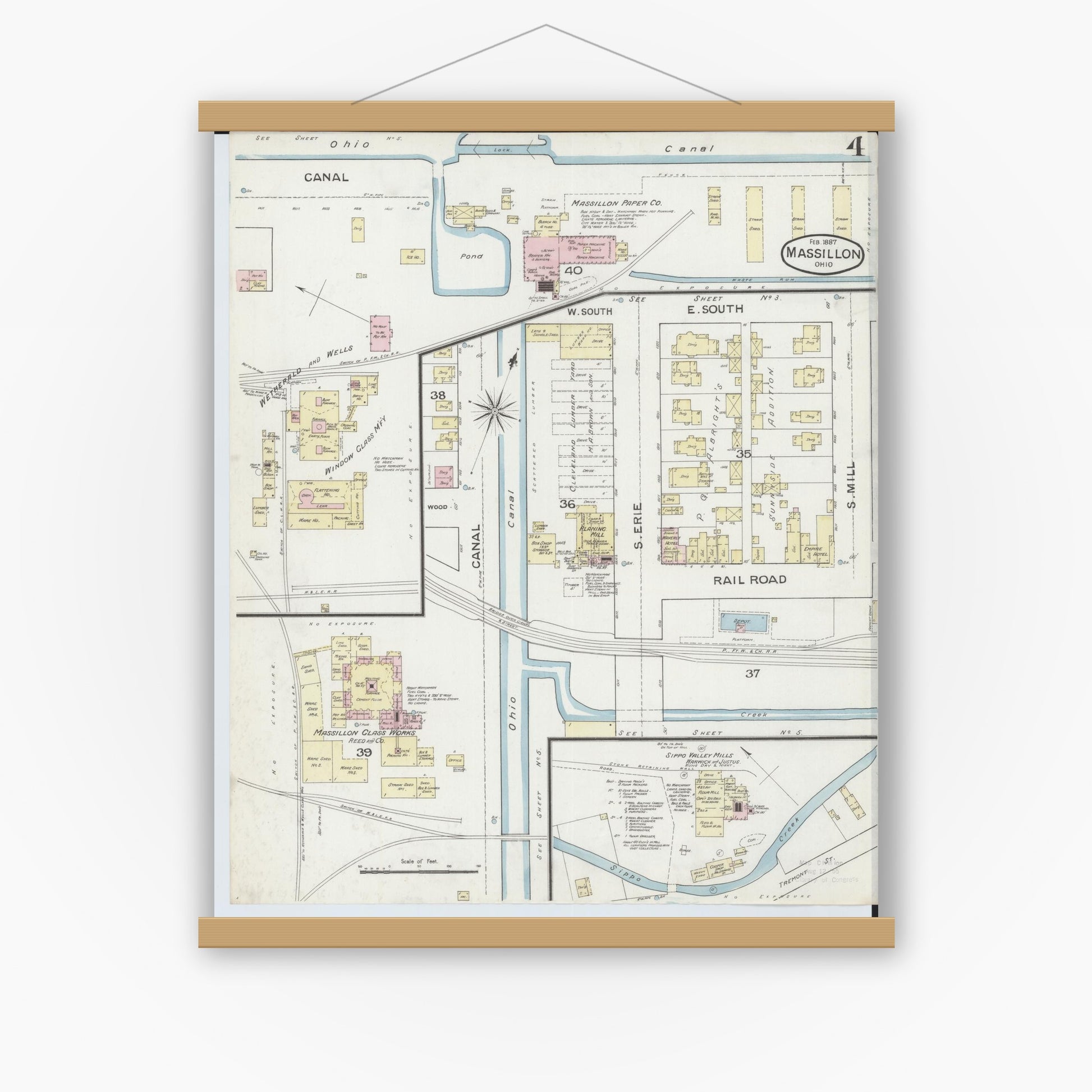 Old map wall art mockup — magnetic wood frame on white wall — Sanborn Fire Insurance Map from Massillon, Stark County, Ohio (1887), Sheet #0004