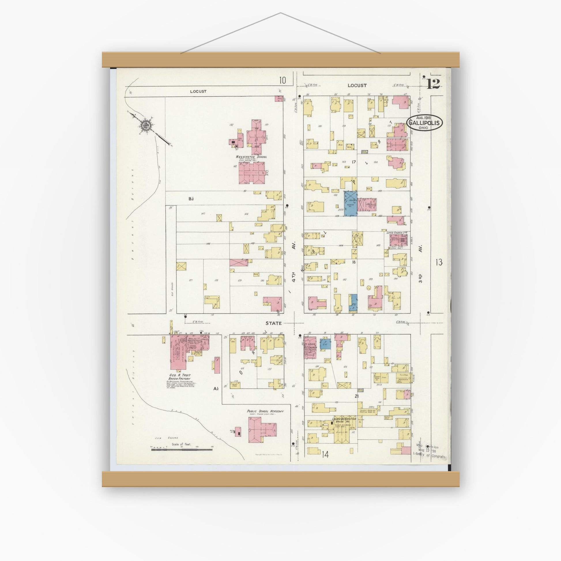 Old map wall art mockup — magnetic wood frame on white wall — Sanborn Fire Insurance Map from Gallipolis, Gallia County, Ohio (1916), Sheet #0012