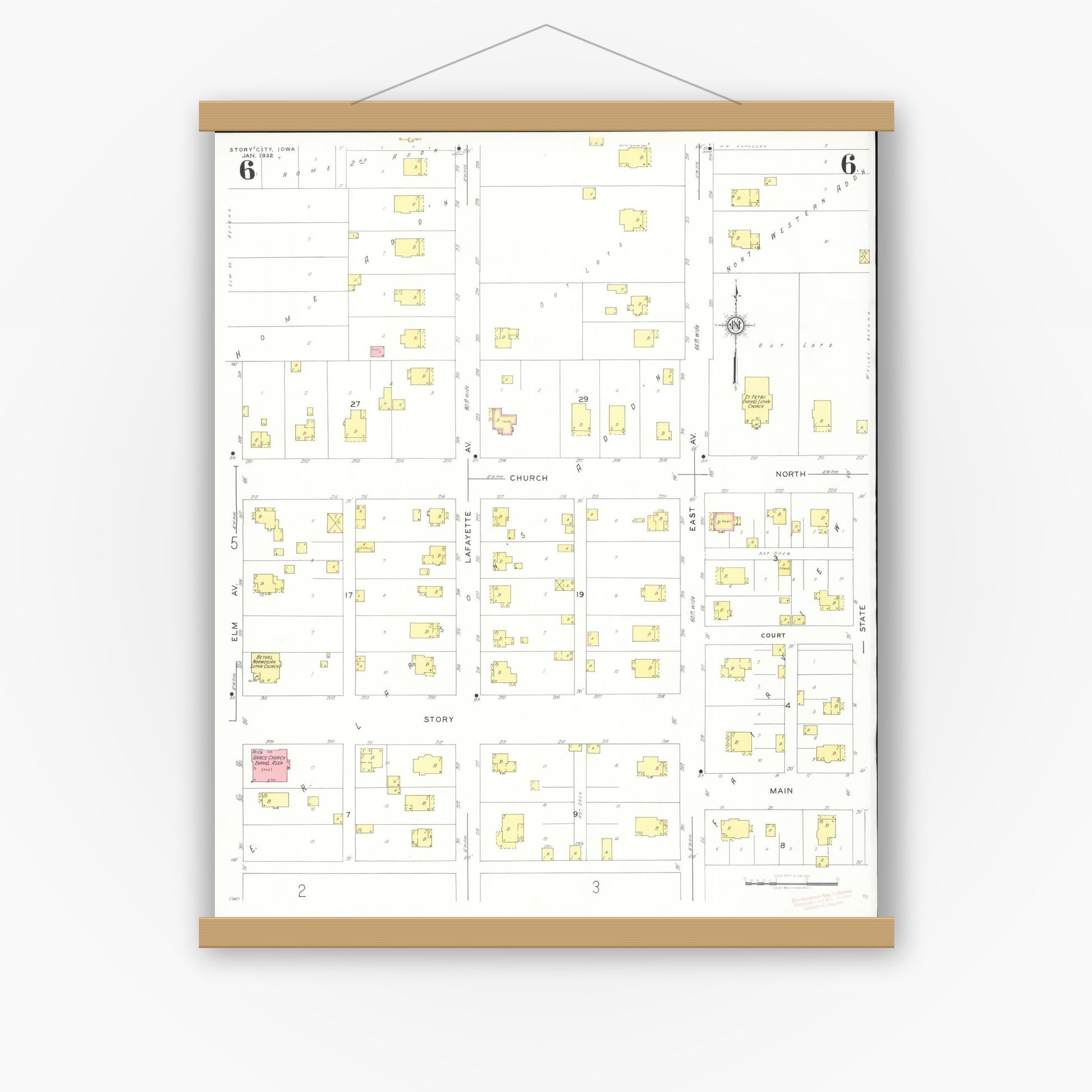 Old map wall art mockup — magnetic wood frame on white wall — Sanborn Fire Insurance Map from Story City, Story County, Iowa (1932), Sheet #0006