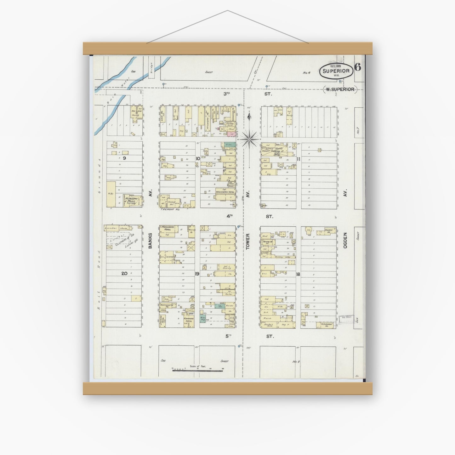 Old map wall art mockup — magnetic wood frame on white wall — Sanborn Fire Insurance Map from Superior, Douglas County, Wisconsin (1889), Sheet #0006