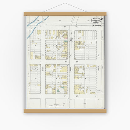 Old map wall art mockup — magnetic wood frame on white wall — Sanborn Fire Insurance Map from Superior, Douglas County, Wisconsin (1889), Sheet #0006